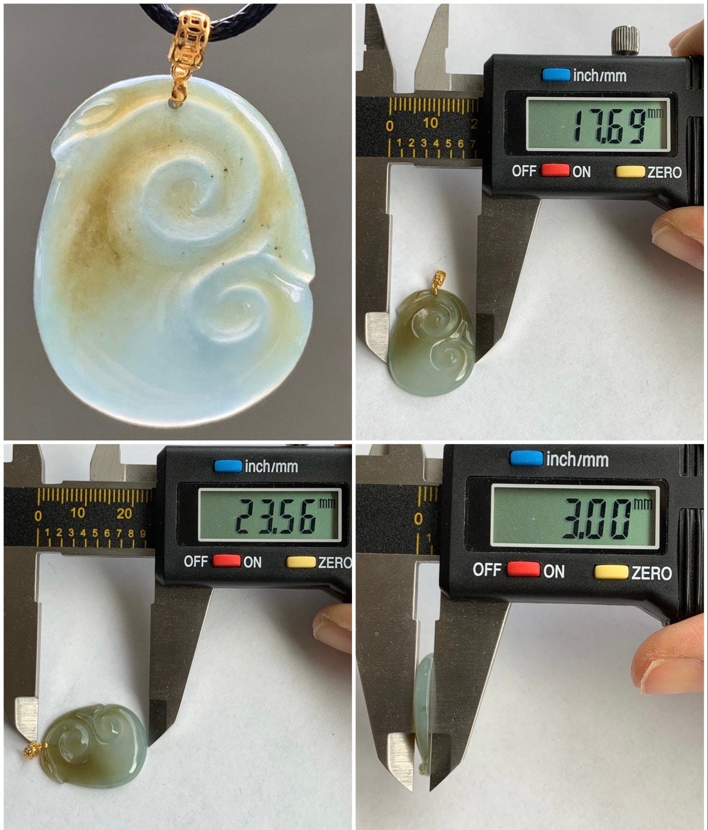 Natural Burmese Icy Translucent Gelatinous BiColored Jadeite Carved Ruyi Pendant 18K Yellow Gold 天然缅甸冰双色翡翠如意镶嵌吊坠
