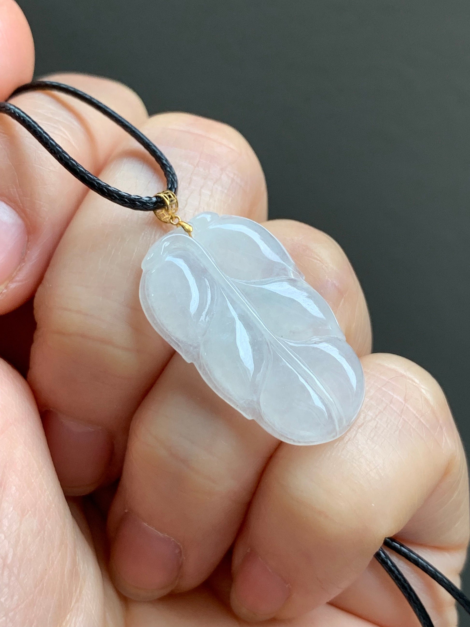 Natural Burmese Icy Translucent White Jadeite Leaf Pendant 18K Yellow Gold w/ Cord 17” 天然缅甸老种正冰起光翡翠大叶有成镶嵌吊坠
