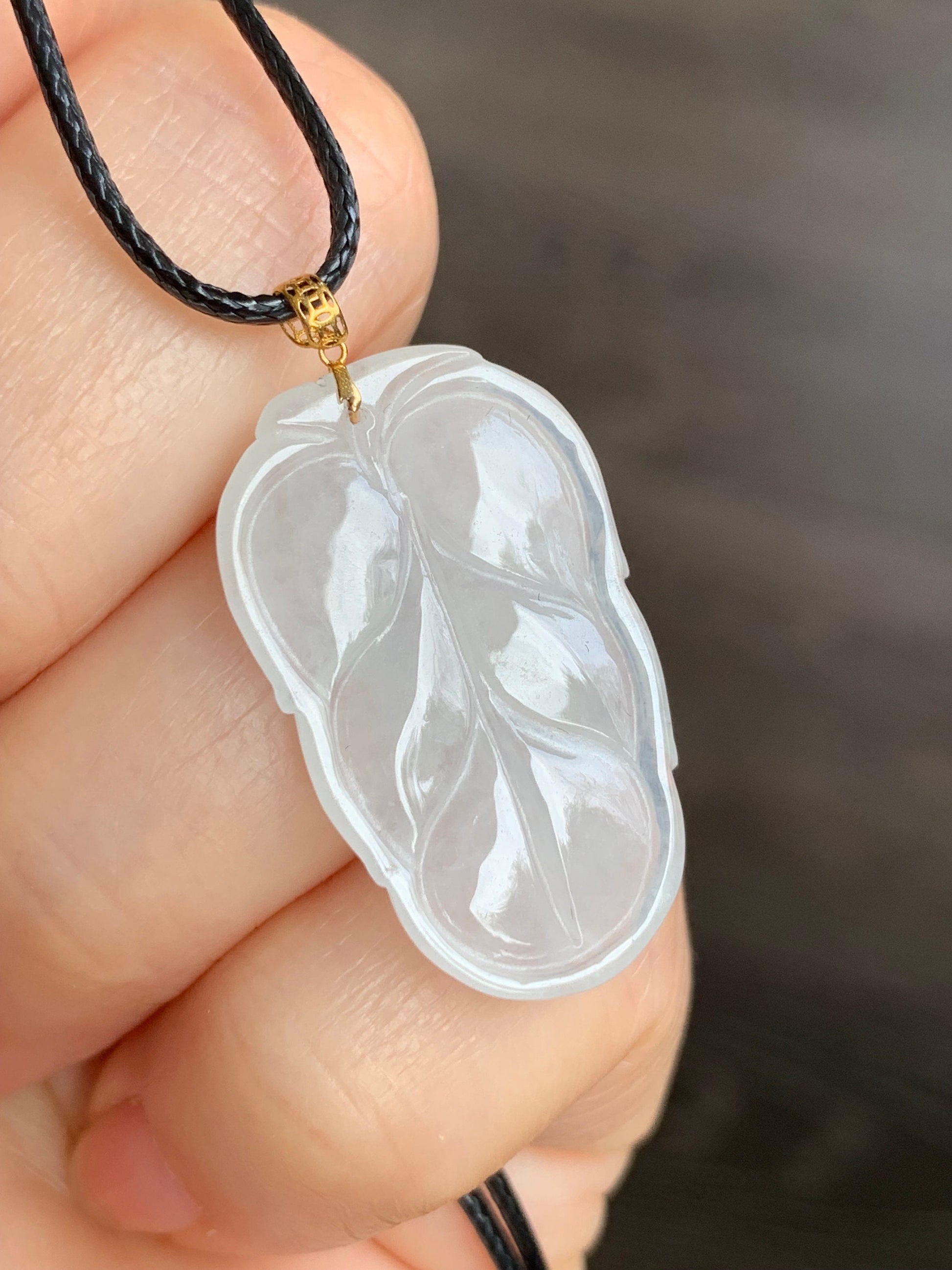 Natural Burmese Icy Translucent White Jadeite Leaf Pendant 18K Yellow Gold w/ Cord 17” 天然缅甸老种正冰起光翡翠大叶有成镶嵌吊坠