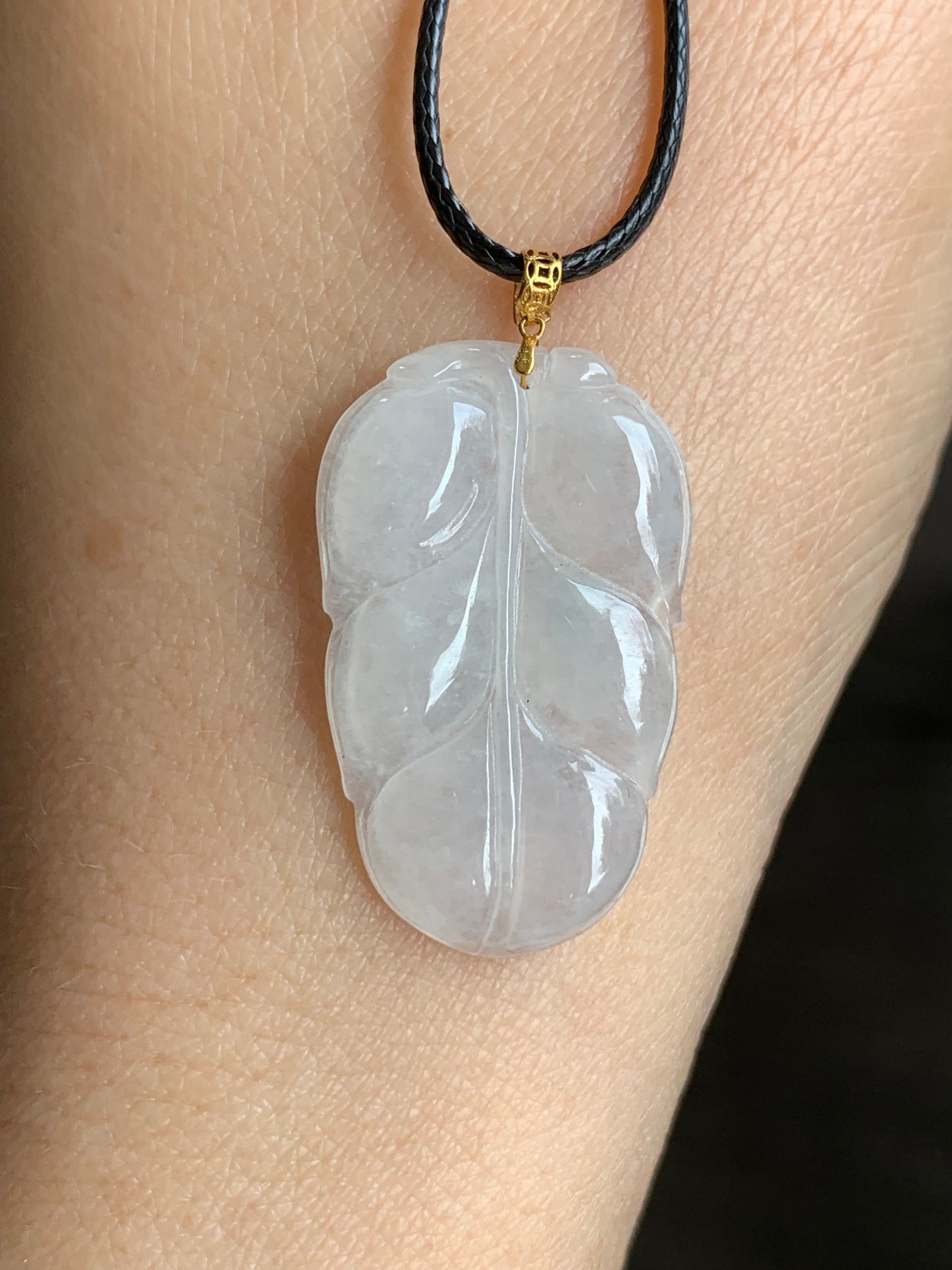 Natural Burmese Icy Translucent White Jadeite Leaf Pendant 18K Yellow Gold w/ Cord 17” 天然缅甸老种正冰起光翡翠大叶有成镶嵌吊坠