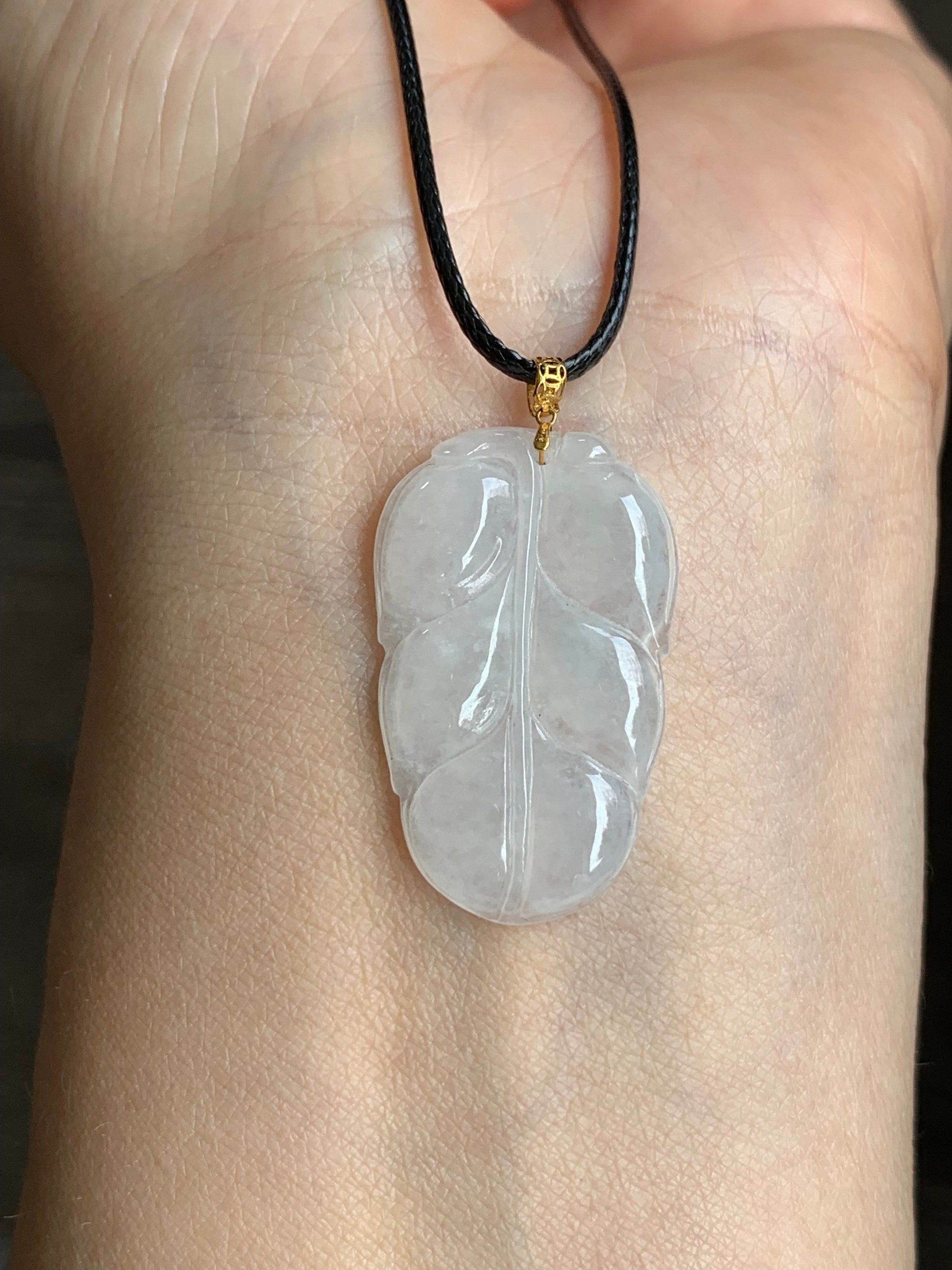 Natural Burmese Icy Translucent White Jadeite Leaf Pendant 18K Yellow Gold w/ Cord 17” 天然缅甸老种正冰起光翡翠大叶有成镶嵌吊坠