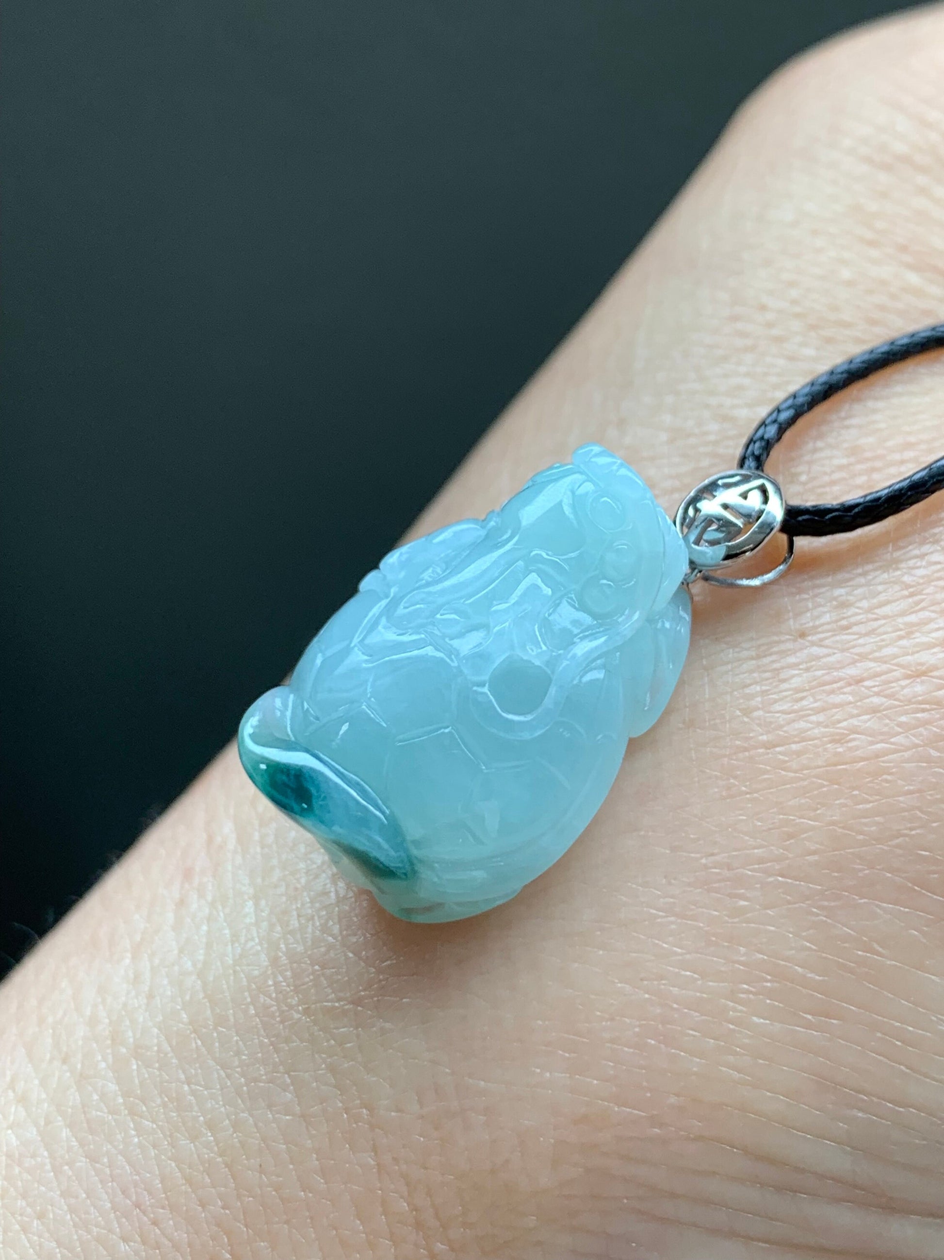 Certified Natural Burmese Icy Translucent Gelatinous Green Marbled Jadeite Carved Dragon Turtle Pendant 18K White Gold Bail 天然缅甸糯冰飘花翡翠龙龟镶嵌吊坠