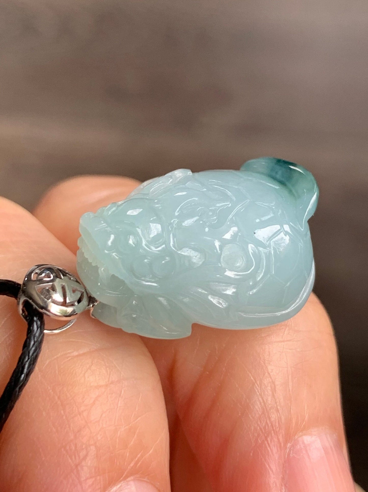Certified Natural Burmese Icy Translucent Gelatinous Green Marbled Jadeite Carved Dragon Turtle Pendant 18K White Gold Bail 天然缅甸糯冰飘花翡翠龙龟镶嵌吊坠