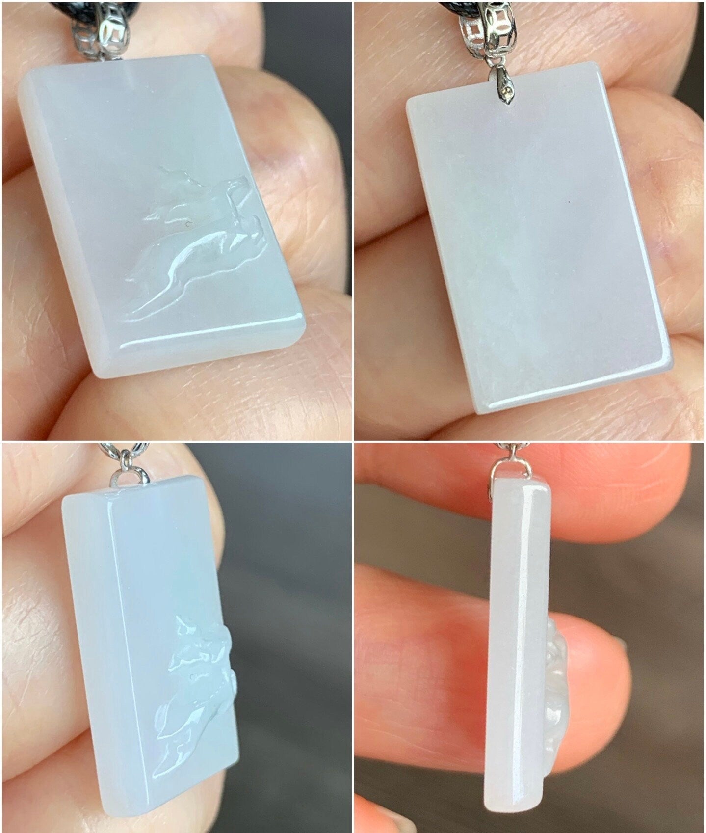 Natural Burmese Icy Translucent White Jadeite Deer Blessing Amulet Pendant 18K White Gold Bail 天然缅甸细糯白冰翡翠一鹿有你吊坠