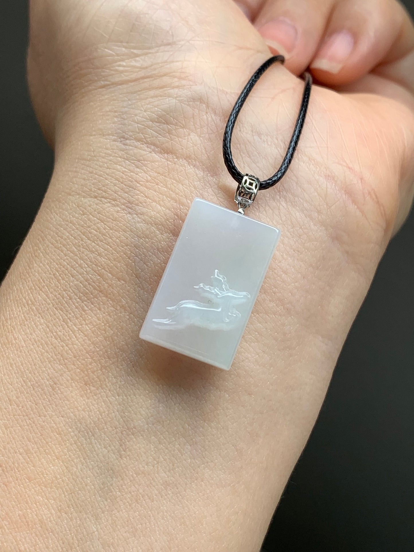 Natural Burmese Icy Translucent White Jadeite Deer Blessing Amulet Pendant 18K White Gold Bail 天然缅甸细糯白冰翡翠一鹿有你吊坠
