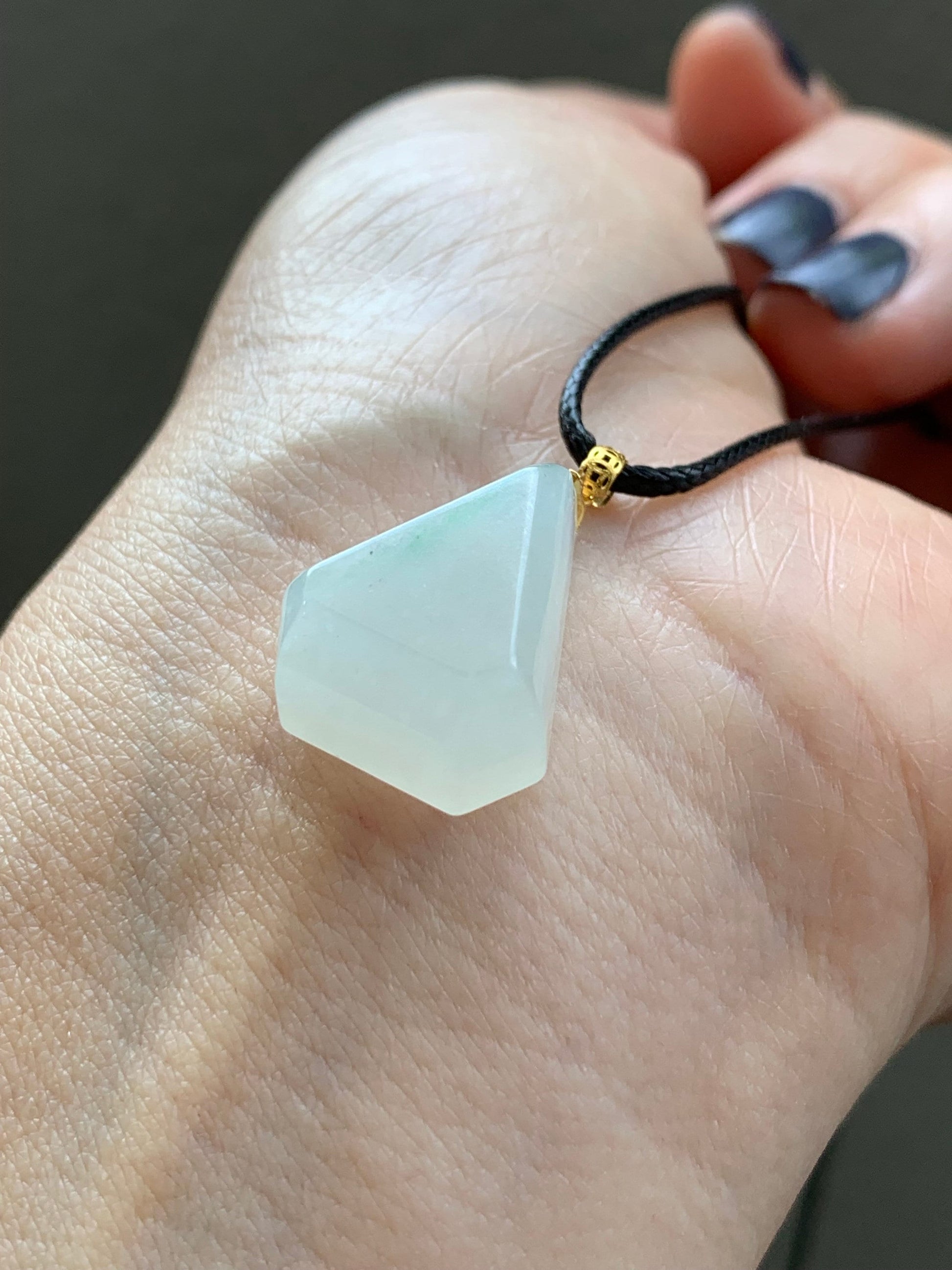 Natural Burmese grade A Icy Translucent Gelatinous Light Green Marbled Jadeite Diamond Cut Pendant 18K Yellow Gold Bail 天然缅甸白冰飘花翡翠钻石切割面镶嵌吊坠