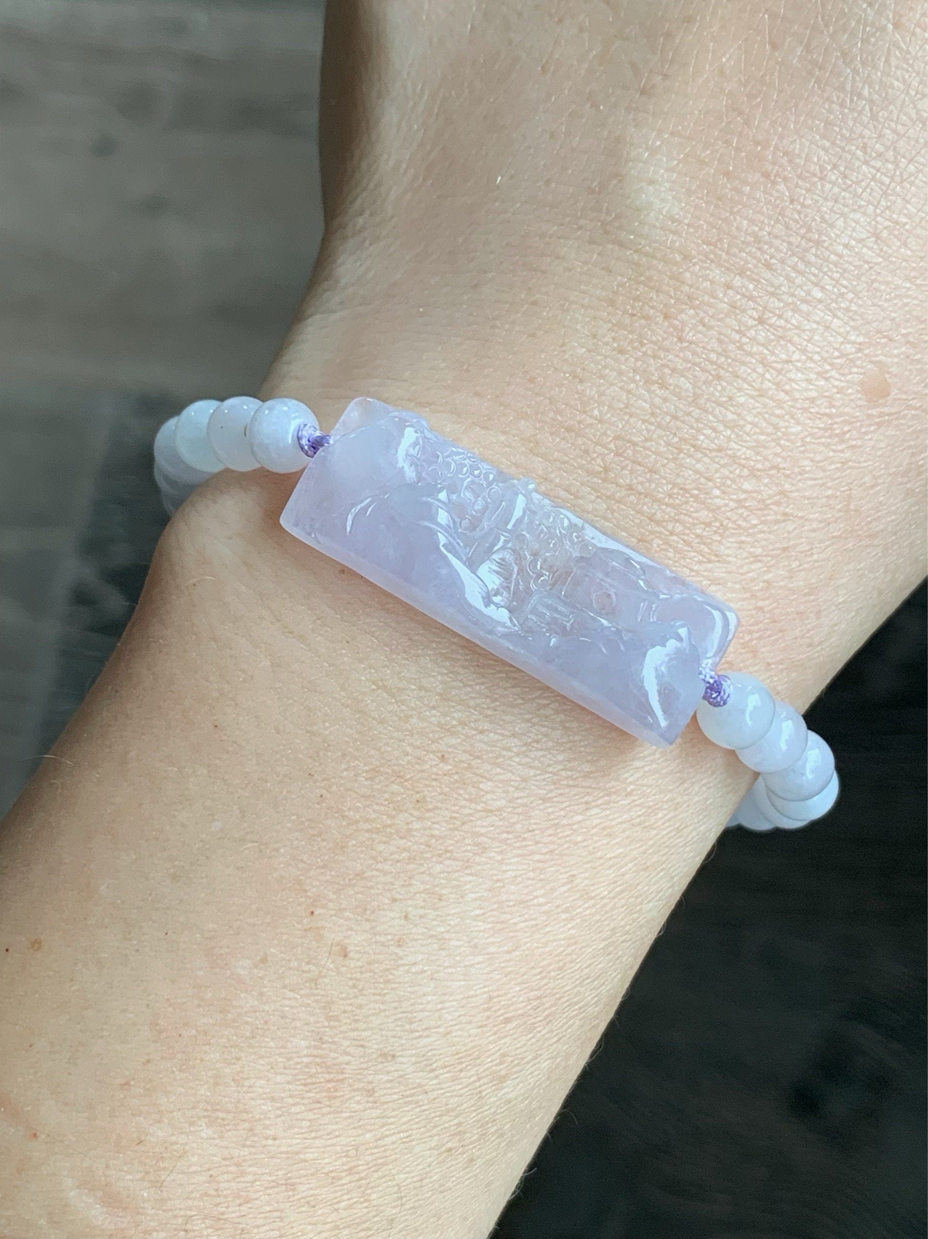 Stunning Natural Burmese Icy Highly Translucent Light Purple Jadeite Shan Shui Landscape Beaded Bracelet Adjustable 6.5” 天然缅甸冰紫翡翠山水手牌手串