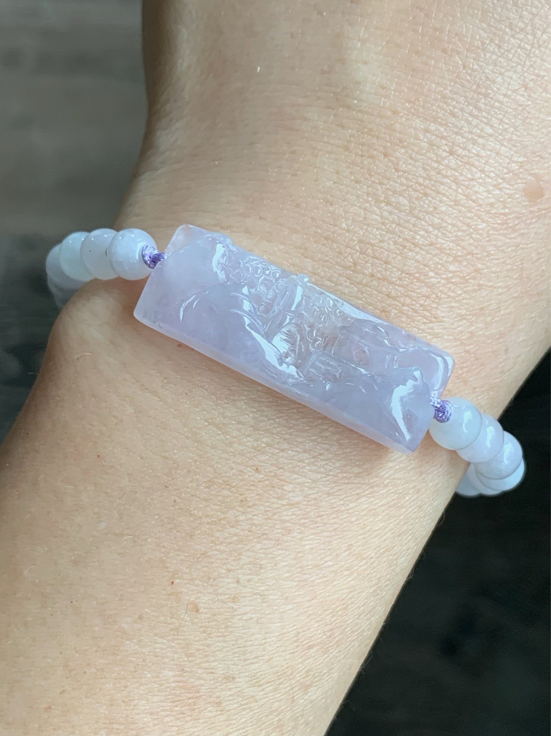 Stunning Natural Burmese Icy Highly Translucent Light Purple Jadeite Shan Shui Landscape Beaded Bracelet Adjustable 6.5” 天然缅甸冰紫翡翠山水手牌手串