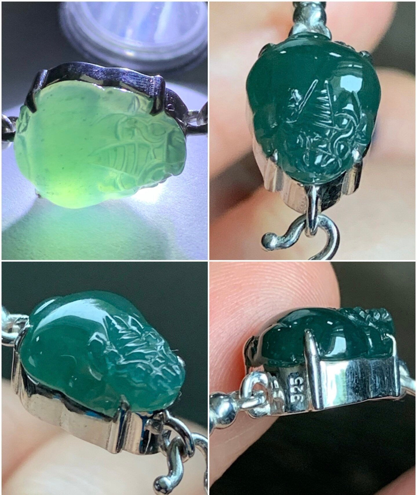 Certified Natural Guatemalan Grade A Icy Dark Teal Jadeite 3-Legged Toad Bangle Bracelet Sterling Silver Custom Design 天然冰蓝水翡翠三脚金蟾银镶手镯 2698