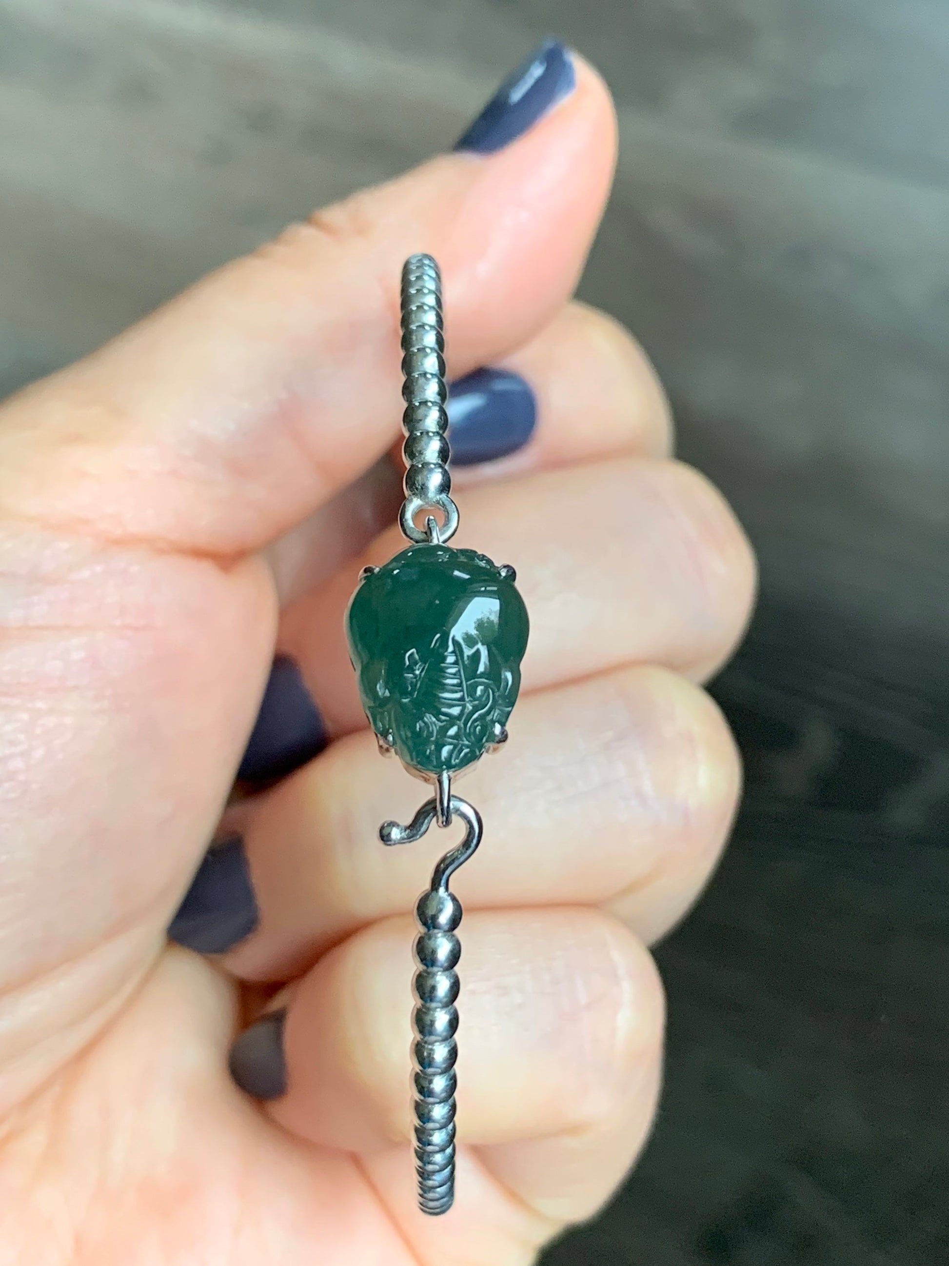Certified Natural Guatemalan Grade A Icy Dark Teal Jadeite 3-Legged Toad Bangle Bracelet Sterling Silver Custom Design 天然冰蓝水翡翠三脚金蟾银镶手镯 2698