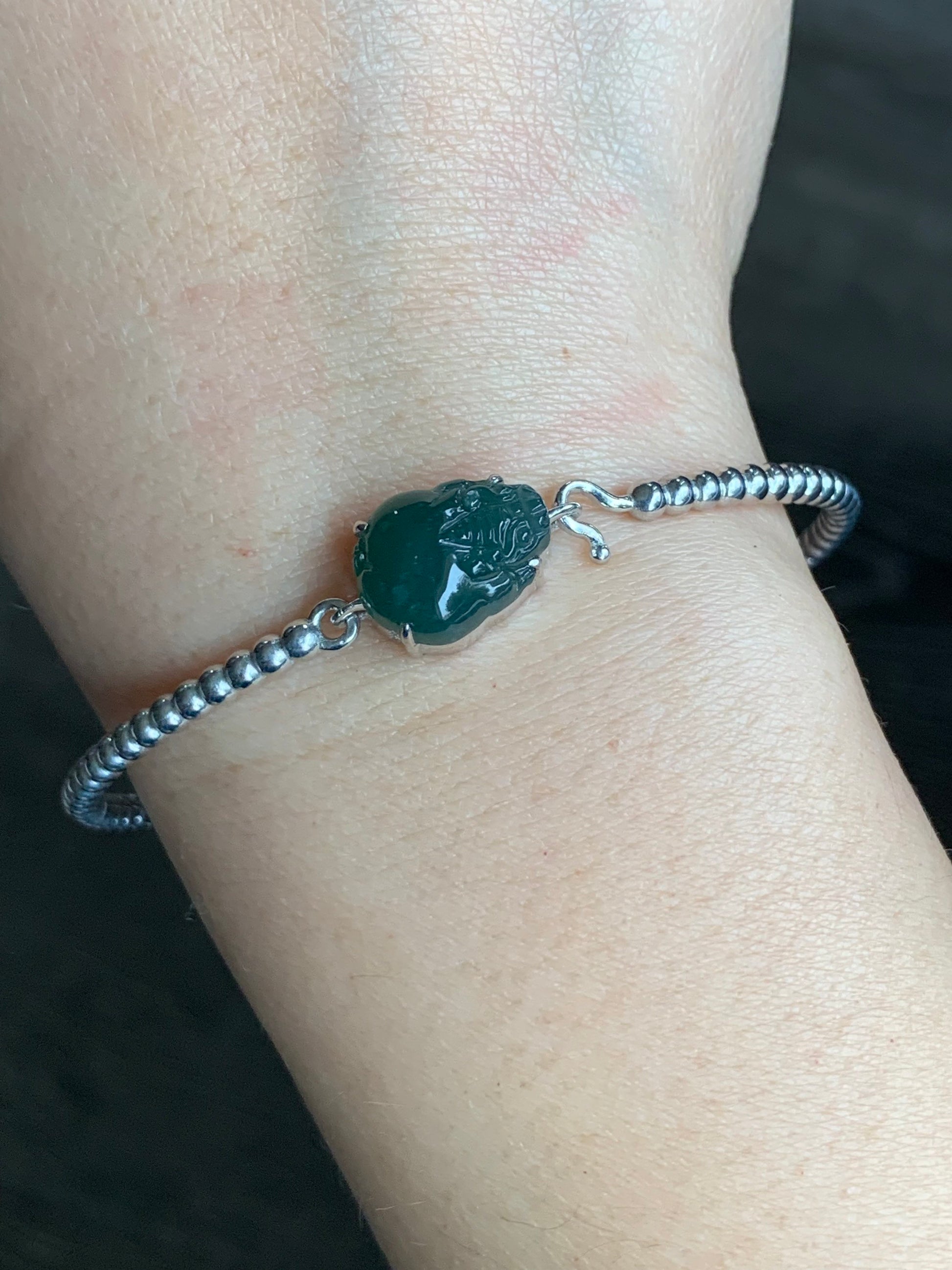 Certified Natural Guatemalan Grade A Icy Dark Teal Jadeite 3-Legged Toad Bangle Bracelet Sterling Silver Custom Design 天然冰蓝水翡翠三脚金蟾银镶手镯 2698