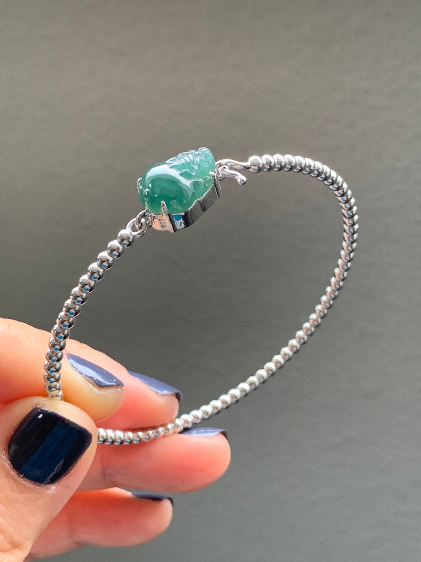 Certified Natural Guatemalan Grade A Icy Dark Teal Jadeite 3-Legged Toad Bangle Bracelet Sterling Silver Custom Design 天然冰蓝水翡翠三脚金蟾银镶手镯 2698