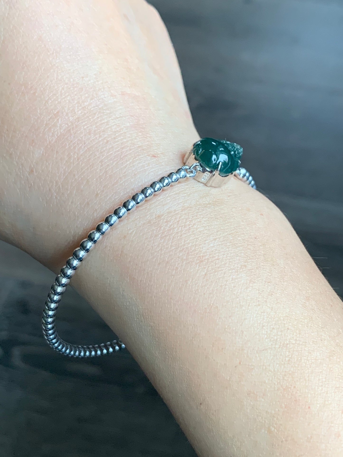 Certified Natural Guatemalan Grade A Icy Dark Teal Jadeite 3-Legged Toad Bangle Bracelet Sterling Silver Custom Design 天然冰蓝水翡翠三脚金蟾银镶手镯 2698