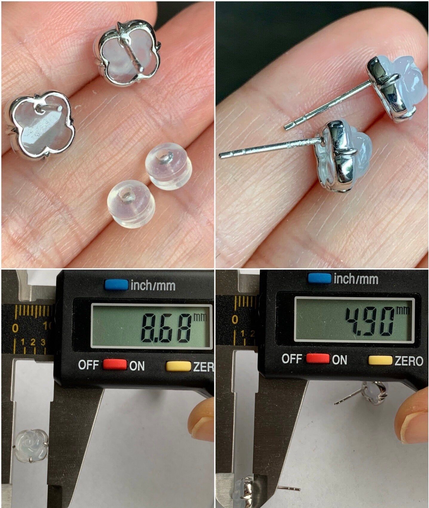 Certified Burmese Natural Premium Icy Highly Translucent White Jadeite Carved Rose Flower Stud Earrings 18K White Gold 天然缅甸起冰起胶翡翠玫瑰花镶嵌耳钉