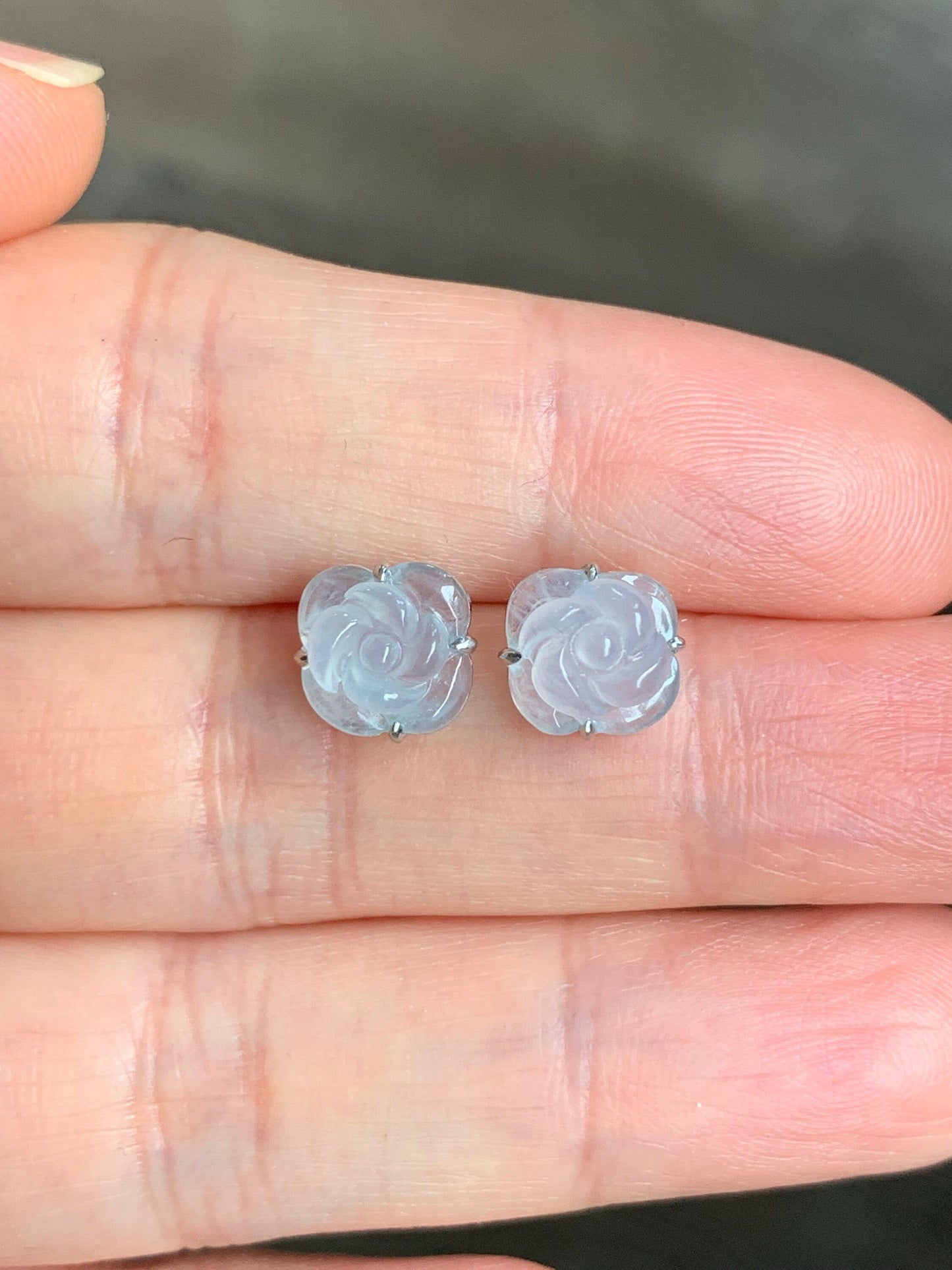Certified Burmese Natural Premium Icy Highly Translucent White Jadeite Carved Rose Flower Stud Earrings 18K White Gold 天然缅甸起冰起胶翡翠玫瑰花镶嵌耳钉