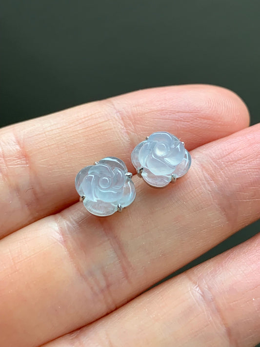Certified Burmese Natural Premium Icy Highly Translucent White Jadeite Carved Rose Flower Stud Earrings 18K White Gold 天然缅甸起冰起胶翡翠玫瑰花镶嵌耳钉