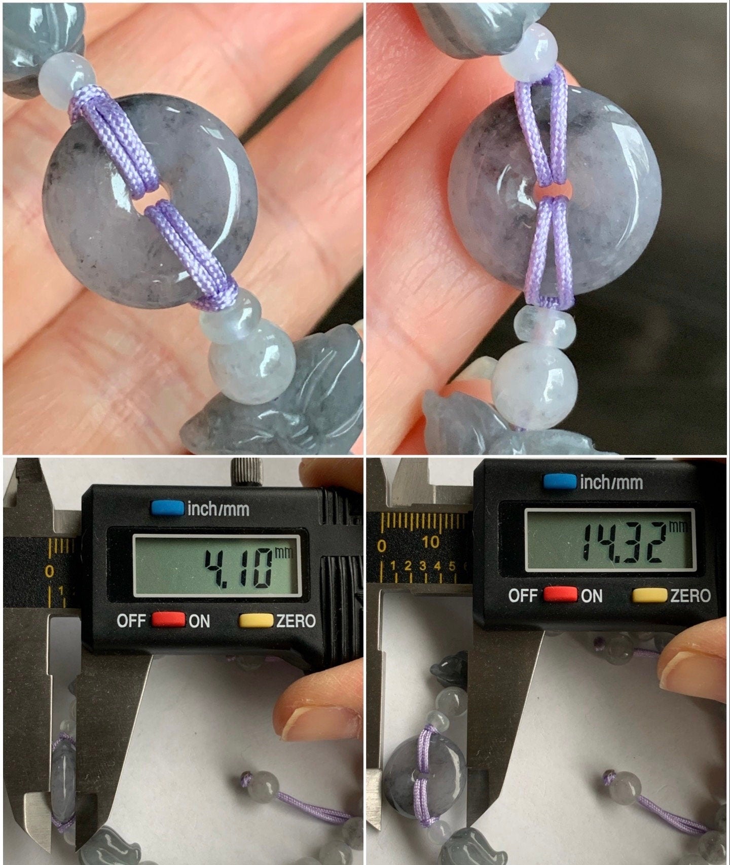 Natural Burmese Icy Translucent Wuji Jadeite Ping An Kou Donut w/ Butterfly & Tulip Charms Beaded Bracelet 天然缅甸冰乌鸡翡翠平安扣手串