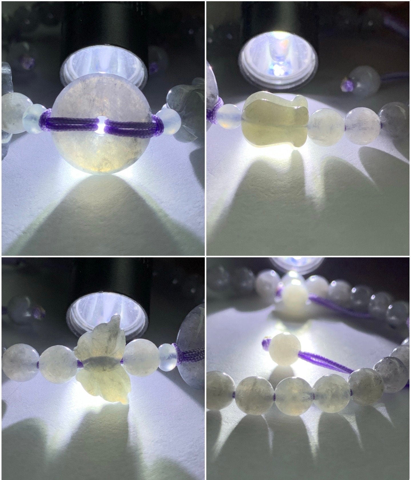 Natural Burmese Icy Translucent Wuji Jadeite Ping An Kou Donut w/ Butterfly & Tulip Charms Beaded Bracelet 天然缅甸冰乌鸡翡翠平安扣手串