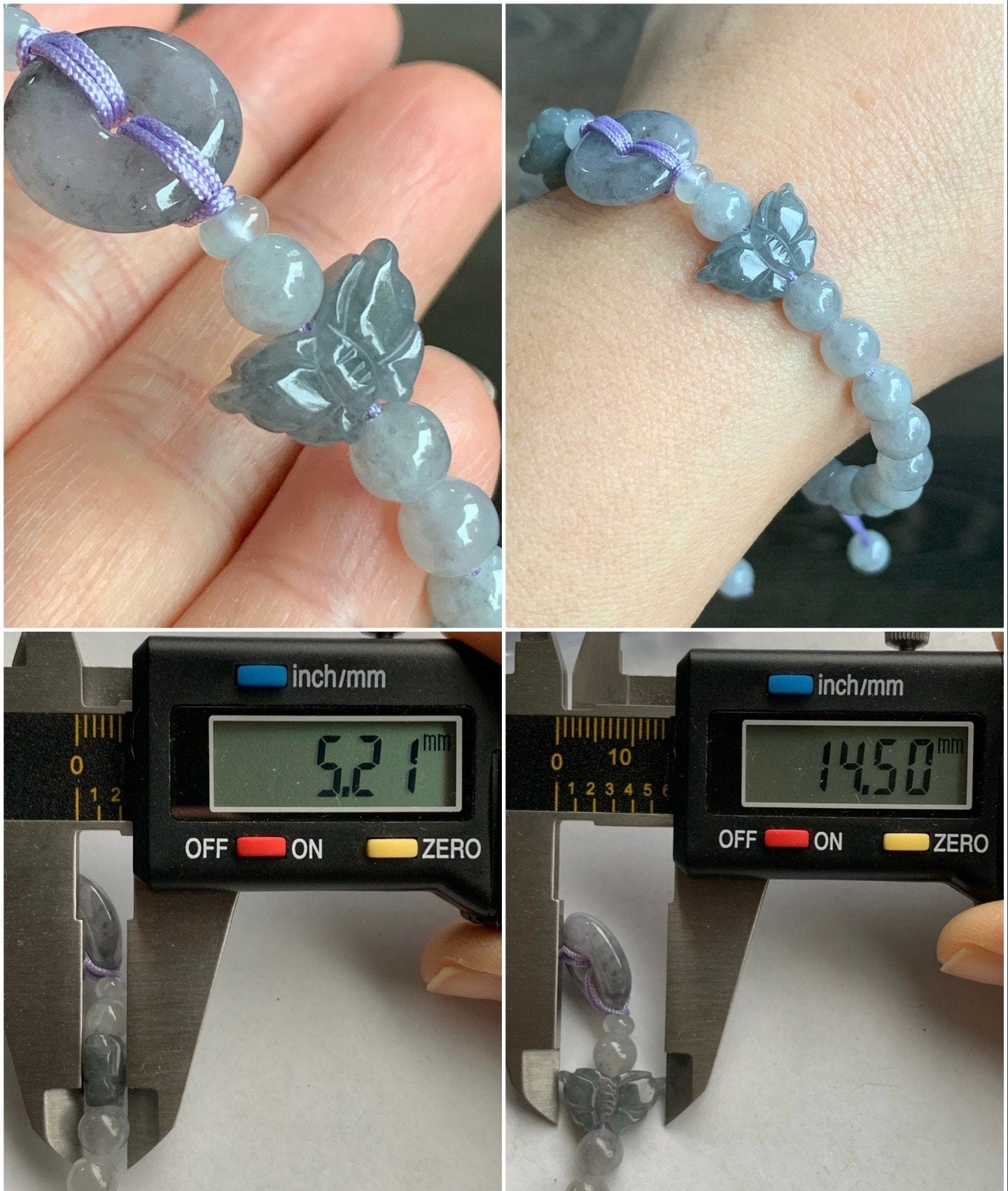 Natural Burmese Icy Translucent Wuji Jadeite Ping An Kou Donut w/ Butterfly & Tulip Charms Beaded Bracelet 天然缅甸冰乌鸡翡翠平安扣手串