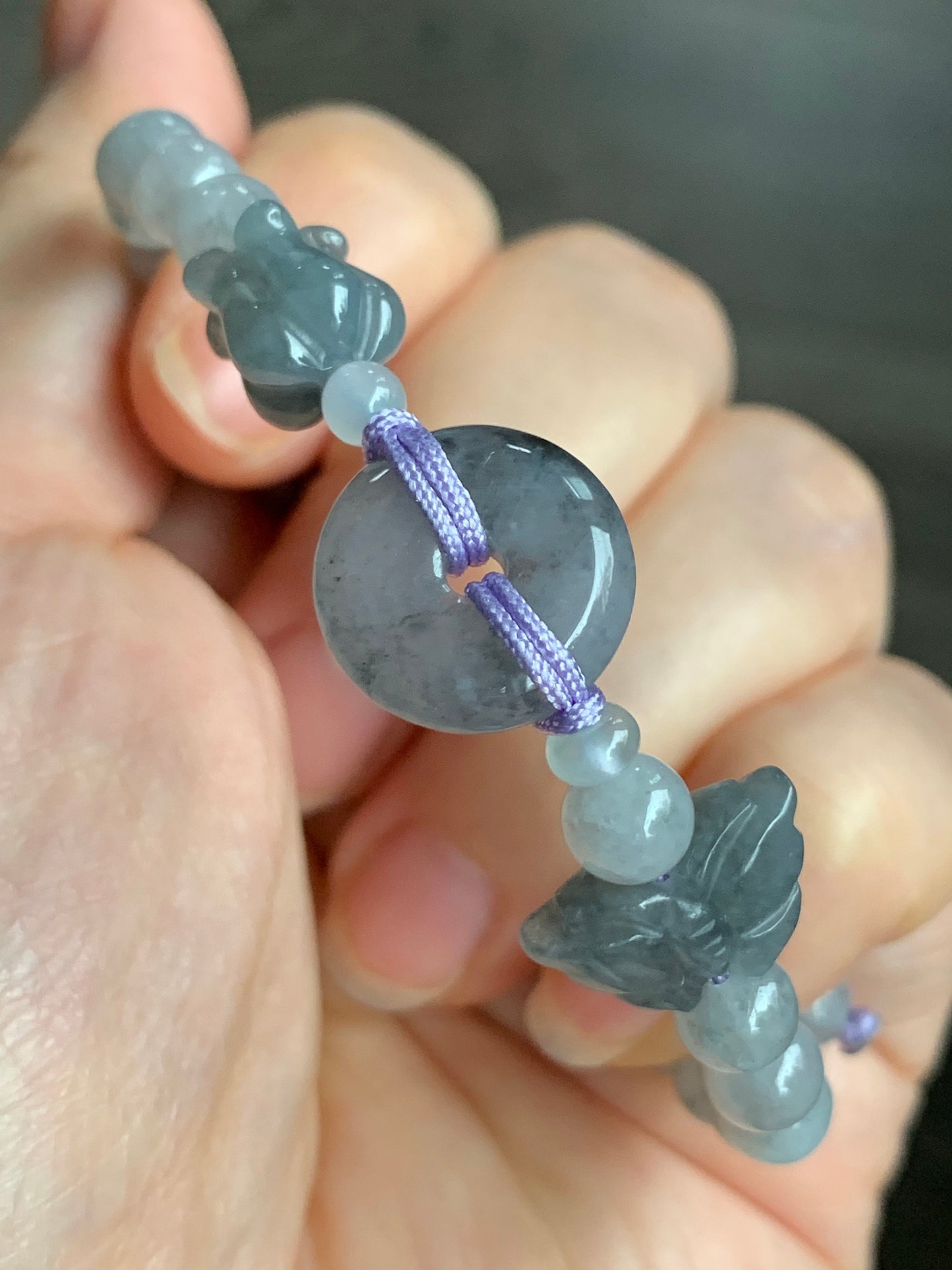 Natural Burmese Icy Translucent Wuji Jadeite Ping An Kou Donut w/ Butterfly & Tulip Charms Beaded Bracelet 天然缅甸冰乌鸡翡翠平安扣手串