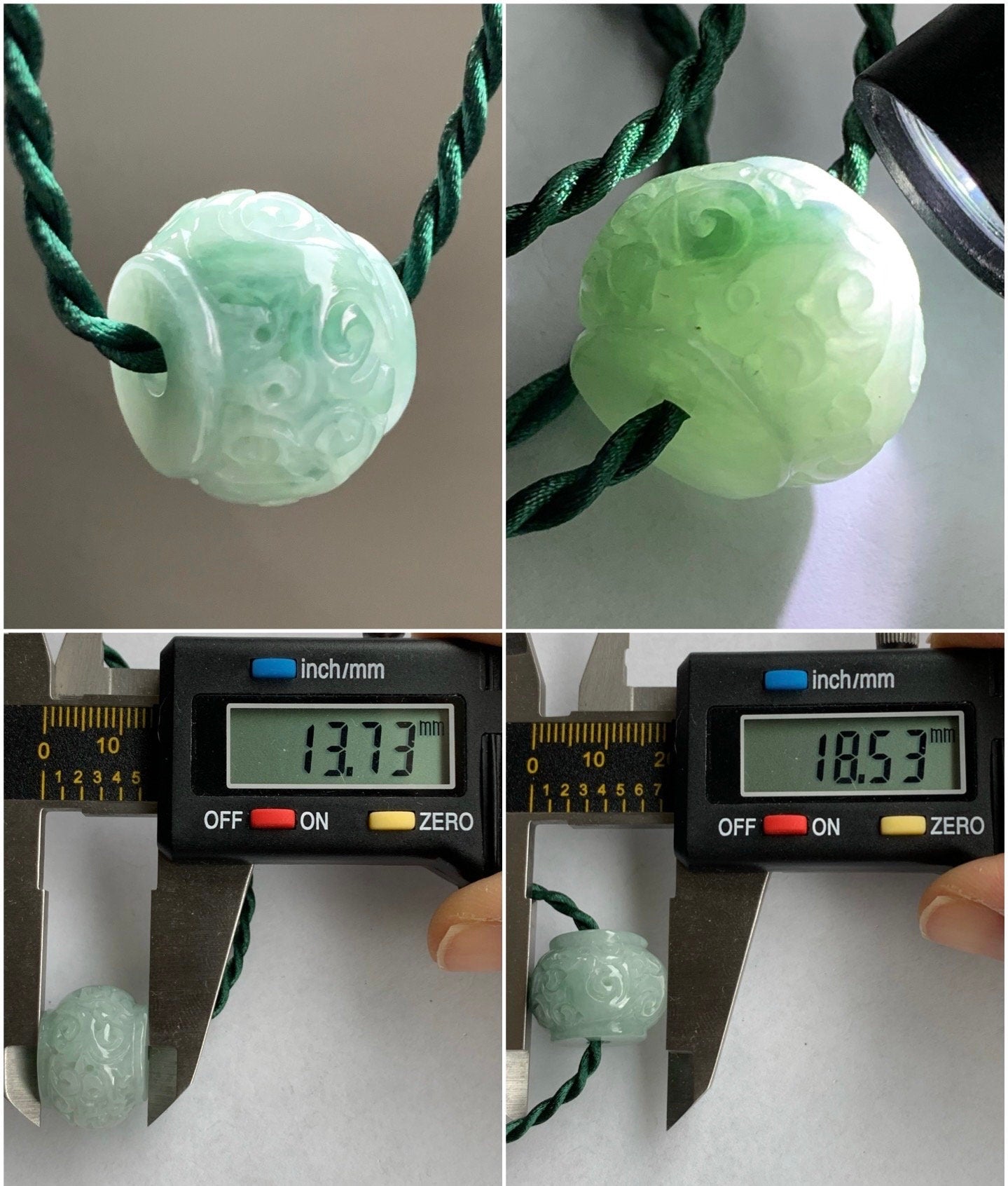 Large Natural Burmese Icy Translucent Green Marbled Jadeite Retro Engraved Drum Bead Rope Necklace 18" Sterling Silver 天然缅甸冰飘花翡翠仿古雕龙凤鼓珠项链