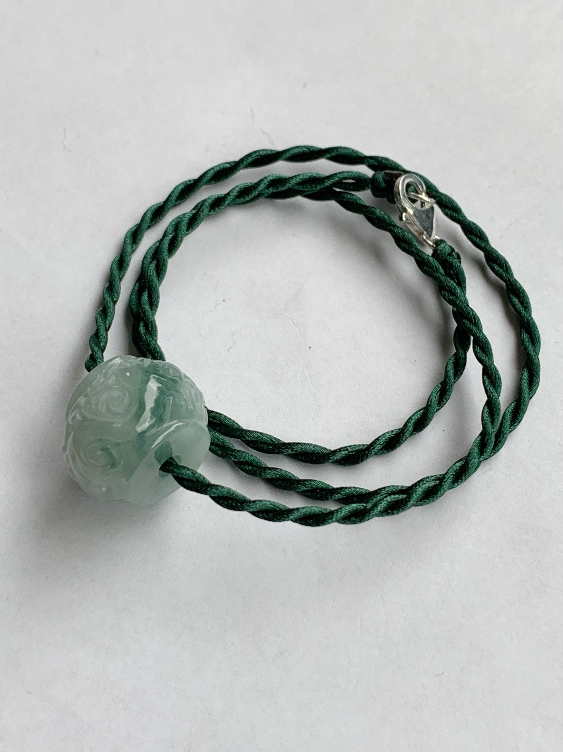 Large Natural Burmese Icy Translucent Green Marbled Jadeite Retro Engraved Drum Bead Rope Necklace 18" Sterling Silver 天然缅甸冰飘花翡翠仿古雕龙凤鼓珠项链