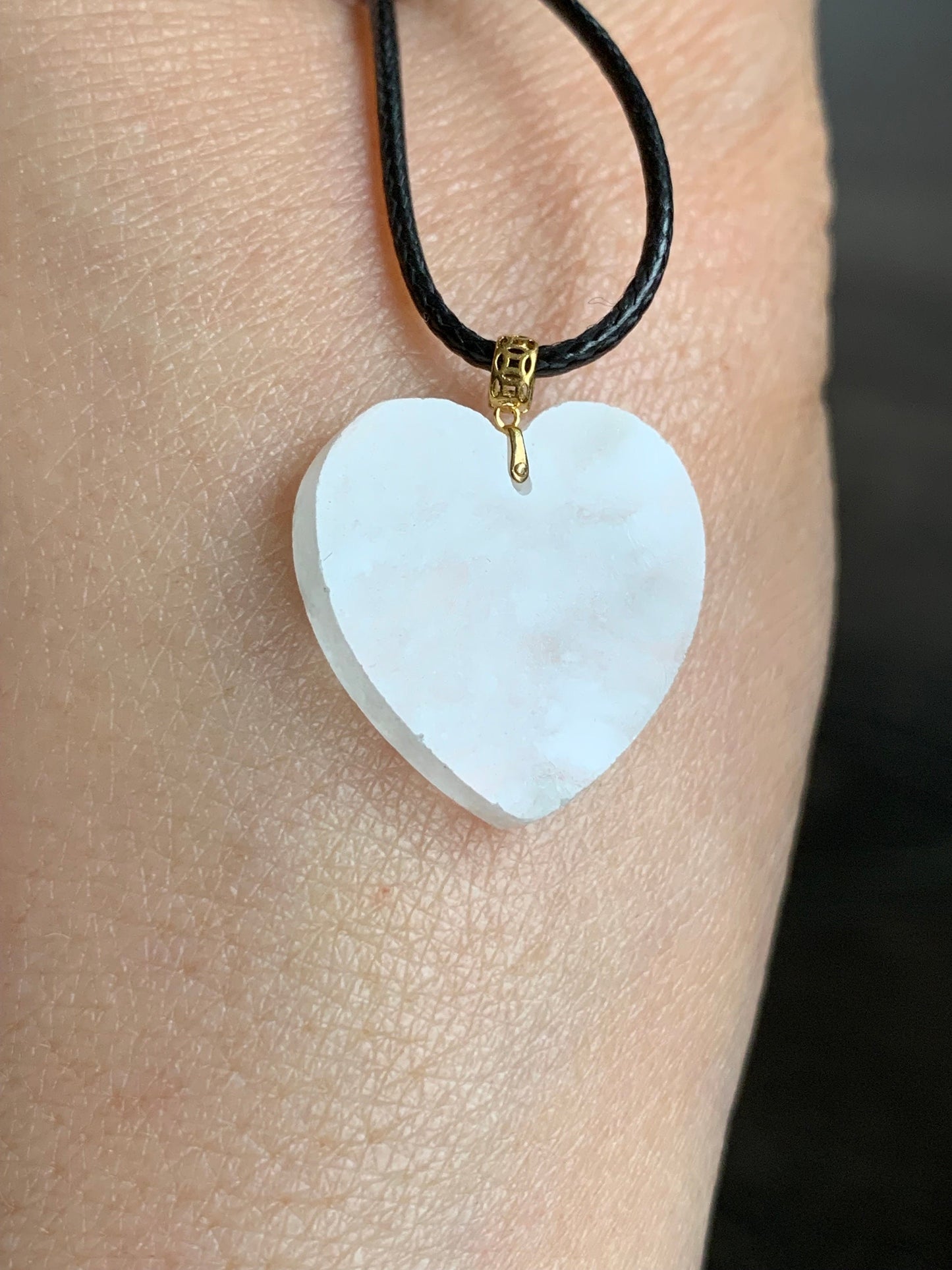 Natural Burmese Highly Translucent Icy Jadeite w/ White Marbling Heart Pendant 18K Yellow Gold Bail 17” Cord 天然缅甸白冰莫西沙翡翠爱心镶嵌吊坠 Style 1