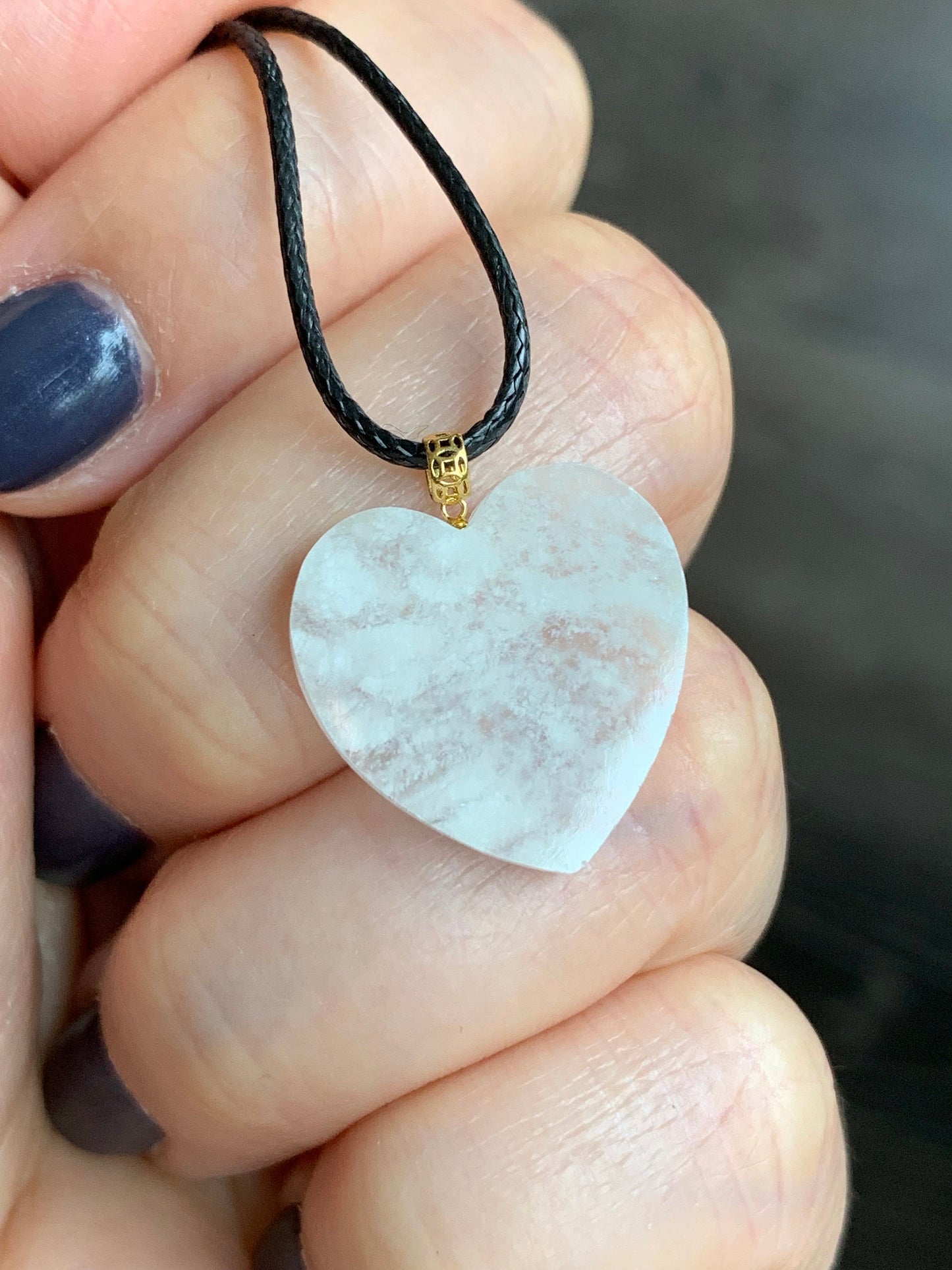 Natural Burmese Highly Translucent Icy Jadeite w/ White Marbling Heart Pendant 18K Yellow Gold Bail 17” Cord 天然缅甸白冰莫西沙翡翠爱心镶嵌吊坠 Style 1