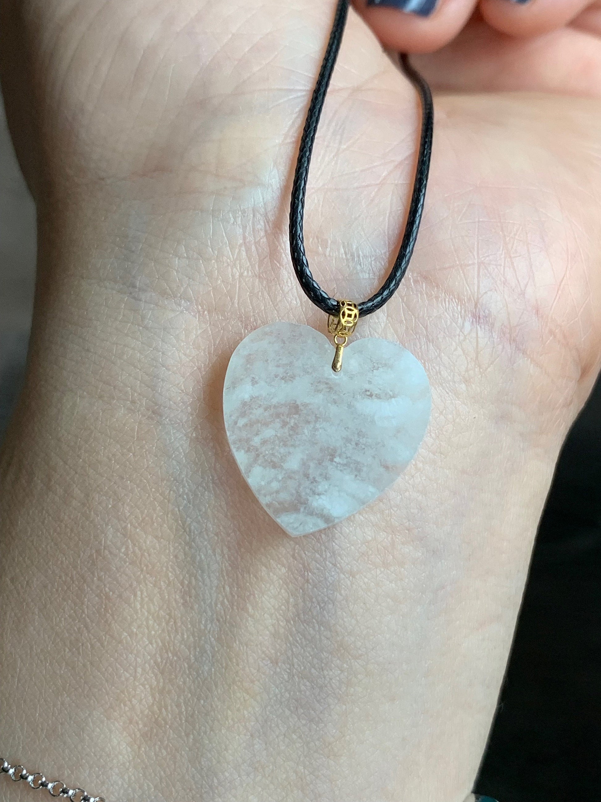 Natural Burmese Highly Translucent Icy Jadeite w/ White Marbling Heart Pendant 18K Yellow Gold Bail 17” Cord 天然缅甸白冰莫西沙翡翠爱心镶嵌吊坠 Style 1