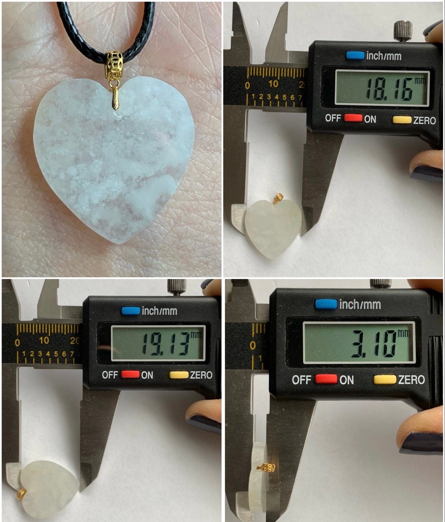 Natural Burmese Highly Translucent Icy Jadeite w/ White Marbling Heart Pendant 18K Yellow Gold Bail 17” Cord 天然缅甸白冰莫西沙翡翠爱心镶嵌吊坠 Style 2