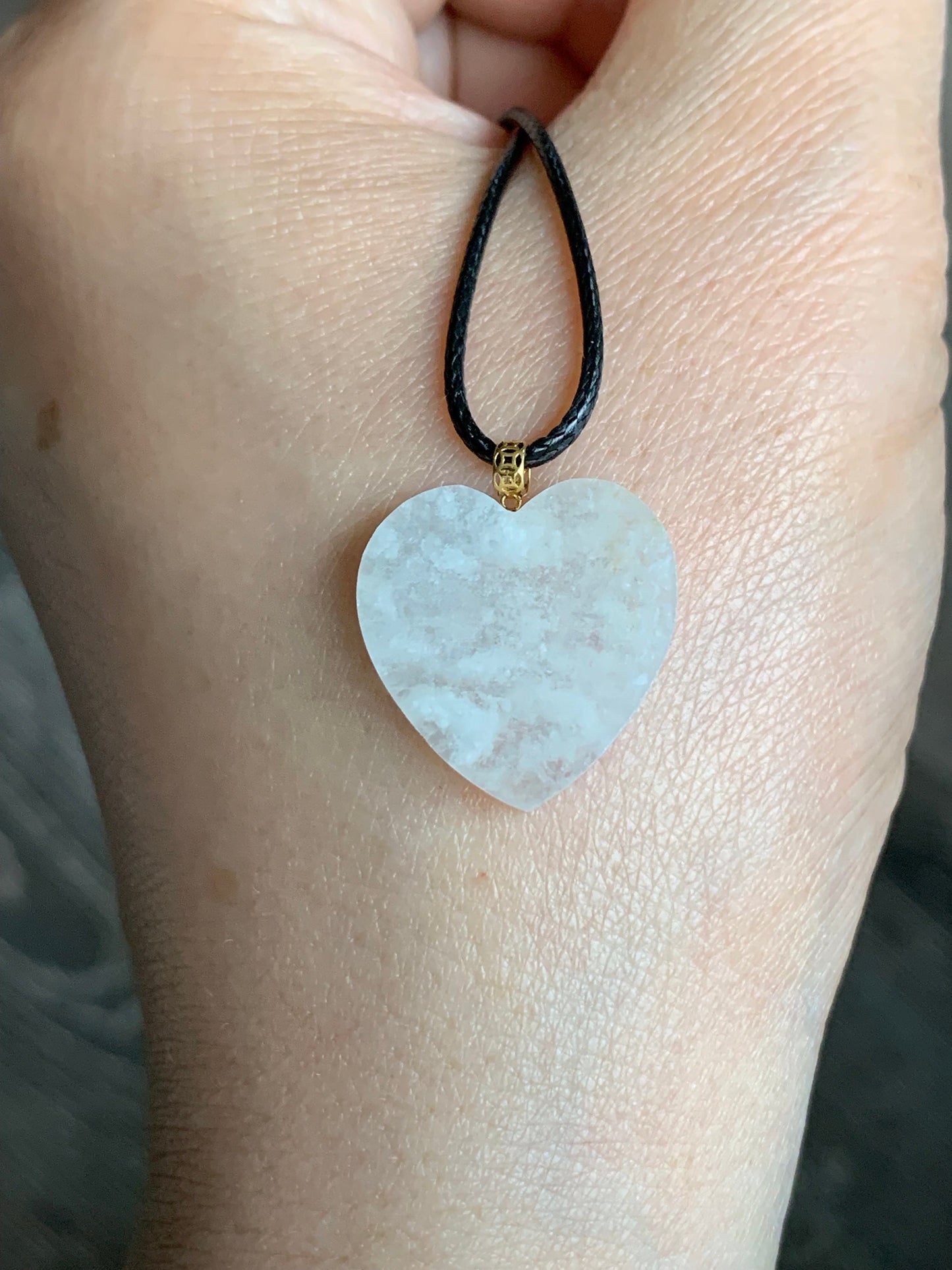 Natural Burmese Highly Translucent Icy Jadeite w/ White Marbling Heart Pendant 18K Yellow Gold Bail 17” Cord 天然缅甸白冰莫西沙翡翠爱心镶嵌吊坠 Style 2