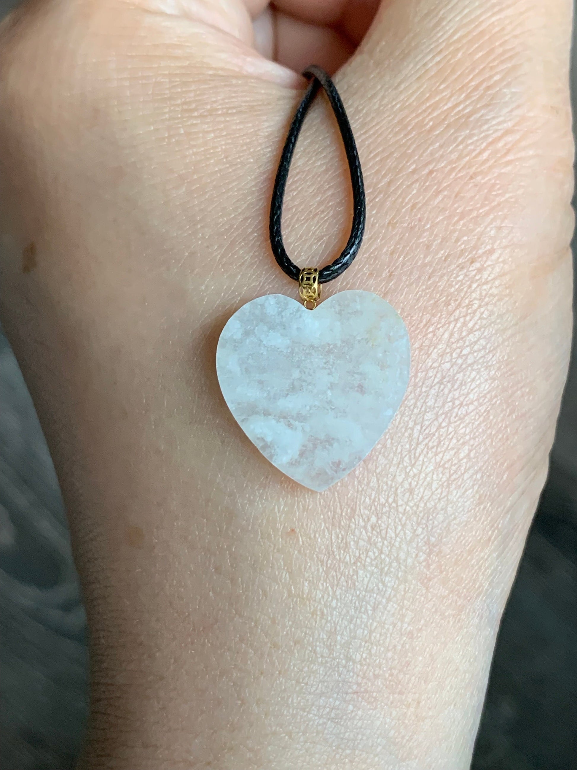 Natural Burmese Highly Translucent Icy Jadeite w/ White Marbling Heart Pendant 18K Yellow Gold Bail 17” Cord 天然缅甸白冰莫西沙翡翠爱心镶嵌吊坠 Style 2