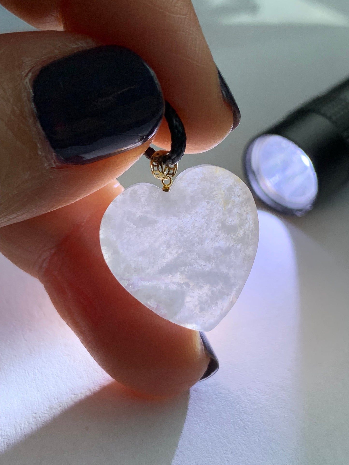 Natural Burmese Highly Translucent Icy Jadeite w/ White Marbling Heart Pendant 18K Yellow Gold Bail 17” Cord 天然缅甸白冰莫西沙翡翠爱心镶嵌吊坠 Style 2