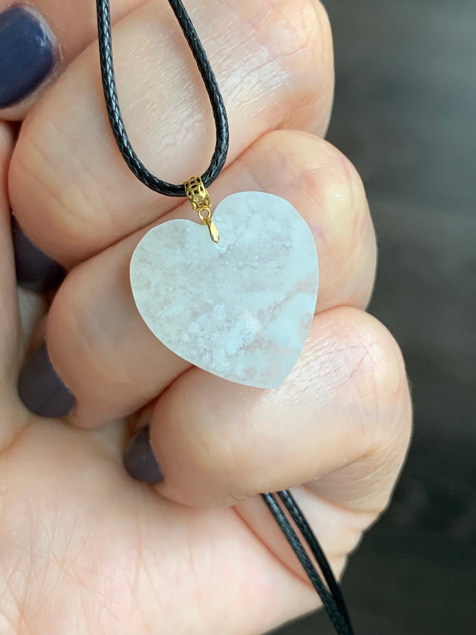 Natural Burmese Highly Translucent Icy Jadeite w/ White Marbling Heart Pendant 18K Yellow Gold Bail 17” Cord 天然缅甸白冰莫西沙翡翠爱心镶嵌吊坠 Style 2