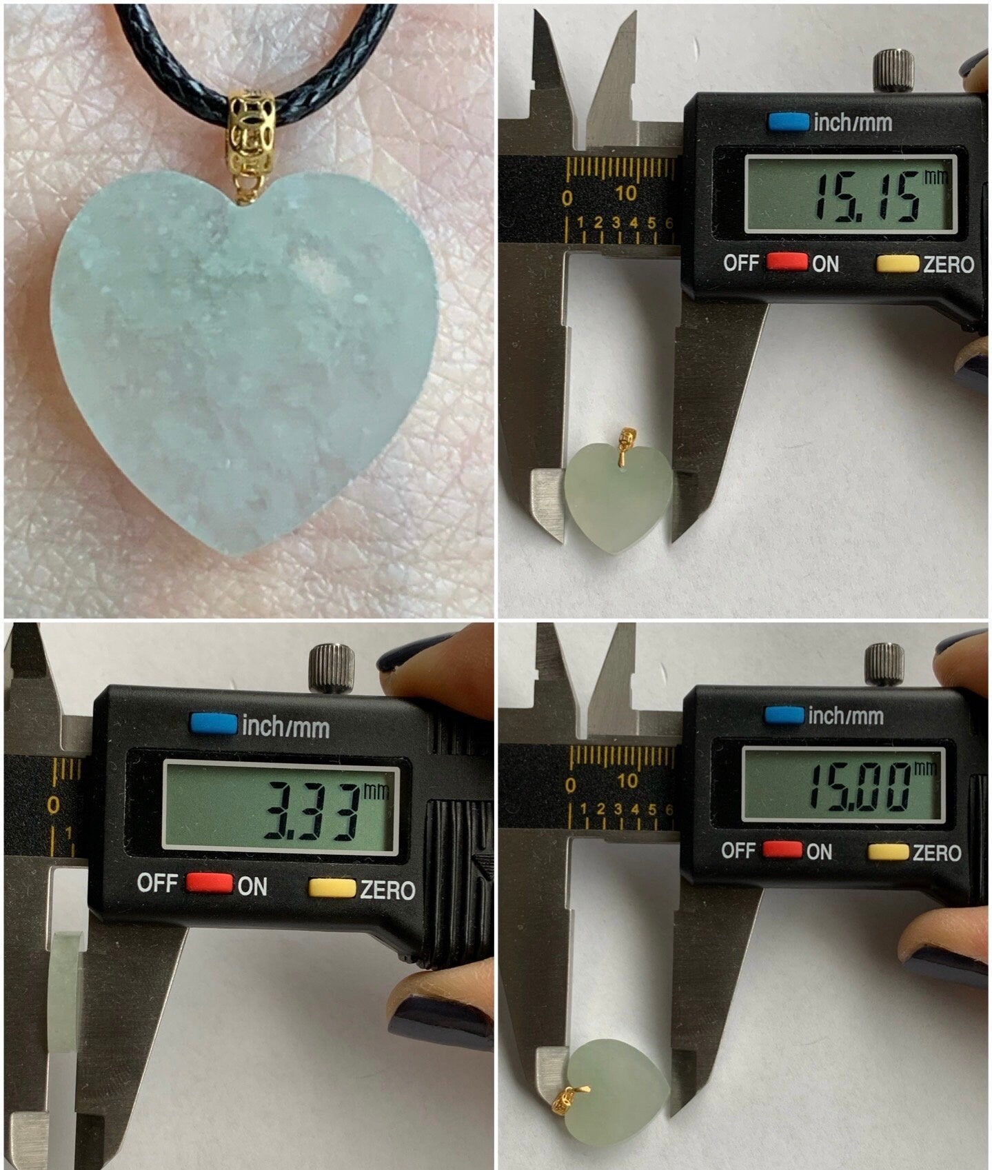 Natural Burmese Highly Translucent Icy Light Green Jadeite w/ White Marbling Heart Pendant 18K Yellow Gold Bail 17” Cord 天然缅甸冰晴莫西沙翡翠爱心镶嵌吊