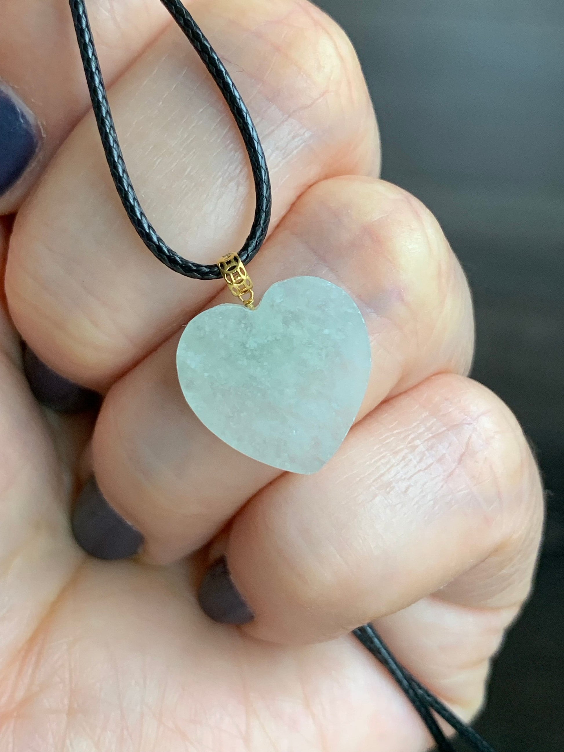 Natural Burmese Highly Translucent Icy Light Green Jadeite w/ White Marbling Heart Pendant 18K Yellow Gold Bail 17” Cord 天然缅甸冰晴莫西沙翡翠爱心镶嵌吊