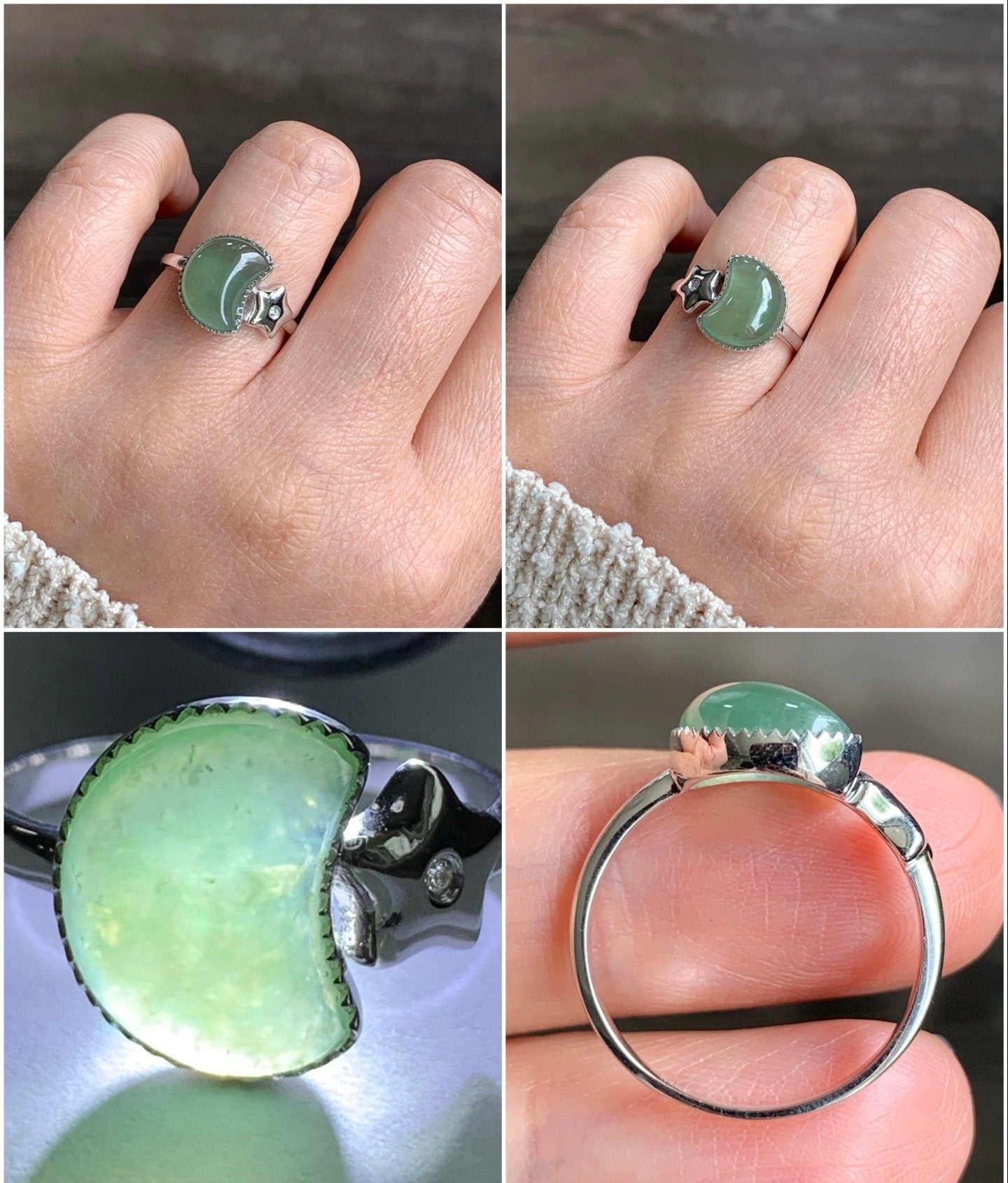 Certified Natural Burmese Icy Highly Translucent Green Jadeite Moon and Star Ring 18K White Gold & Diamonds size 7.25 天然缅甸起光冰绿翡翠星星月亮镶嵌戒指