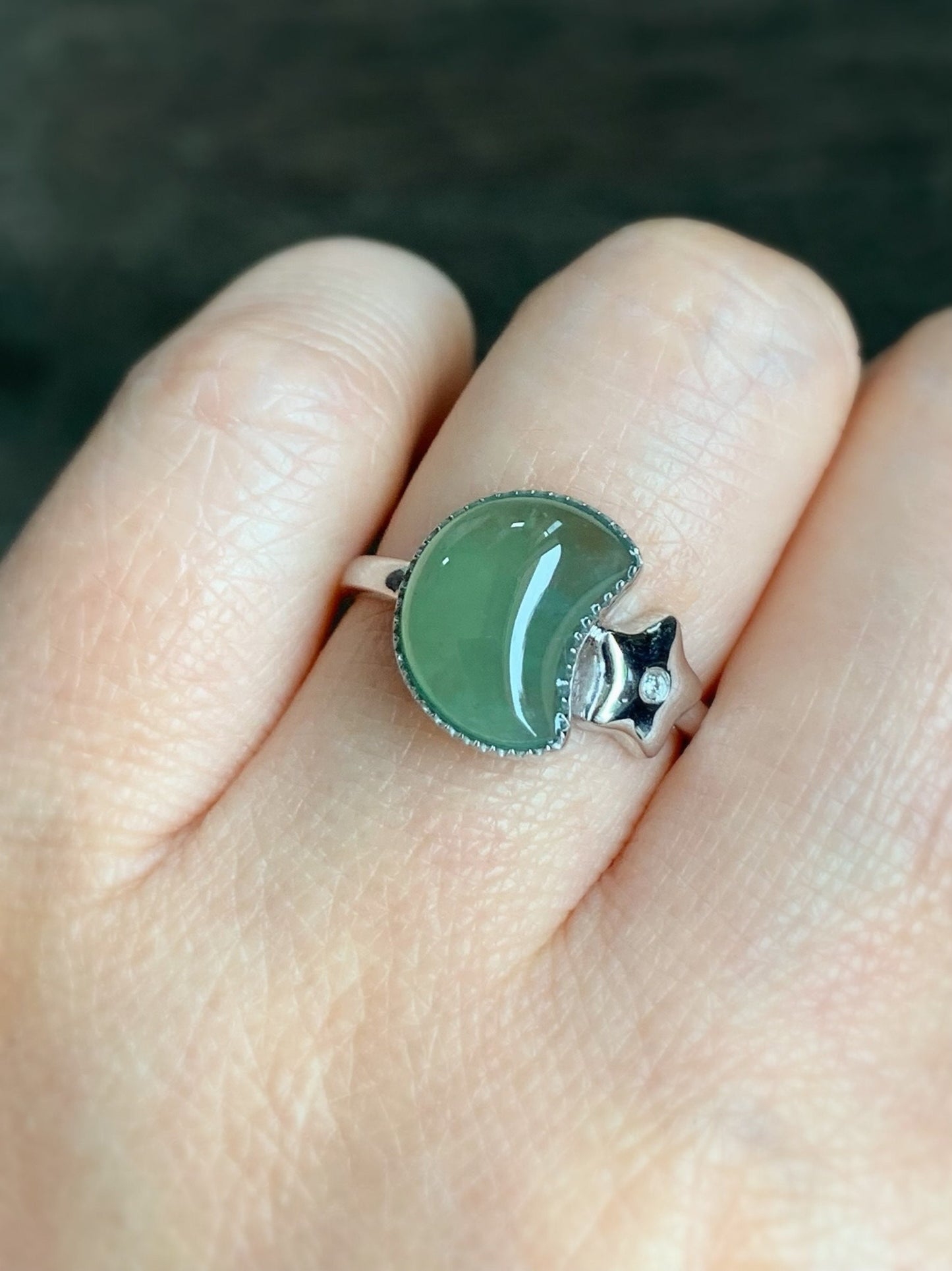 Certified Natural Burmese Icy Highly Translucent Green Jadeite Moon and Star Ring 18K White Gold & Diamonds size 7.25 天然缅甸起光冰绿翡翠星星月亮镶嵌戒指