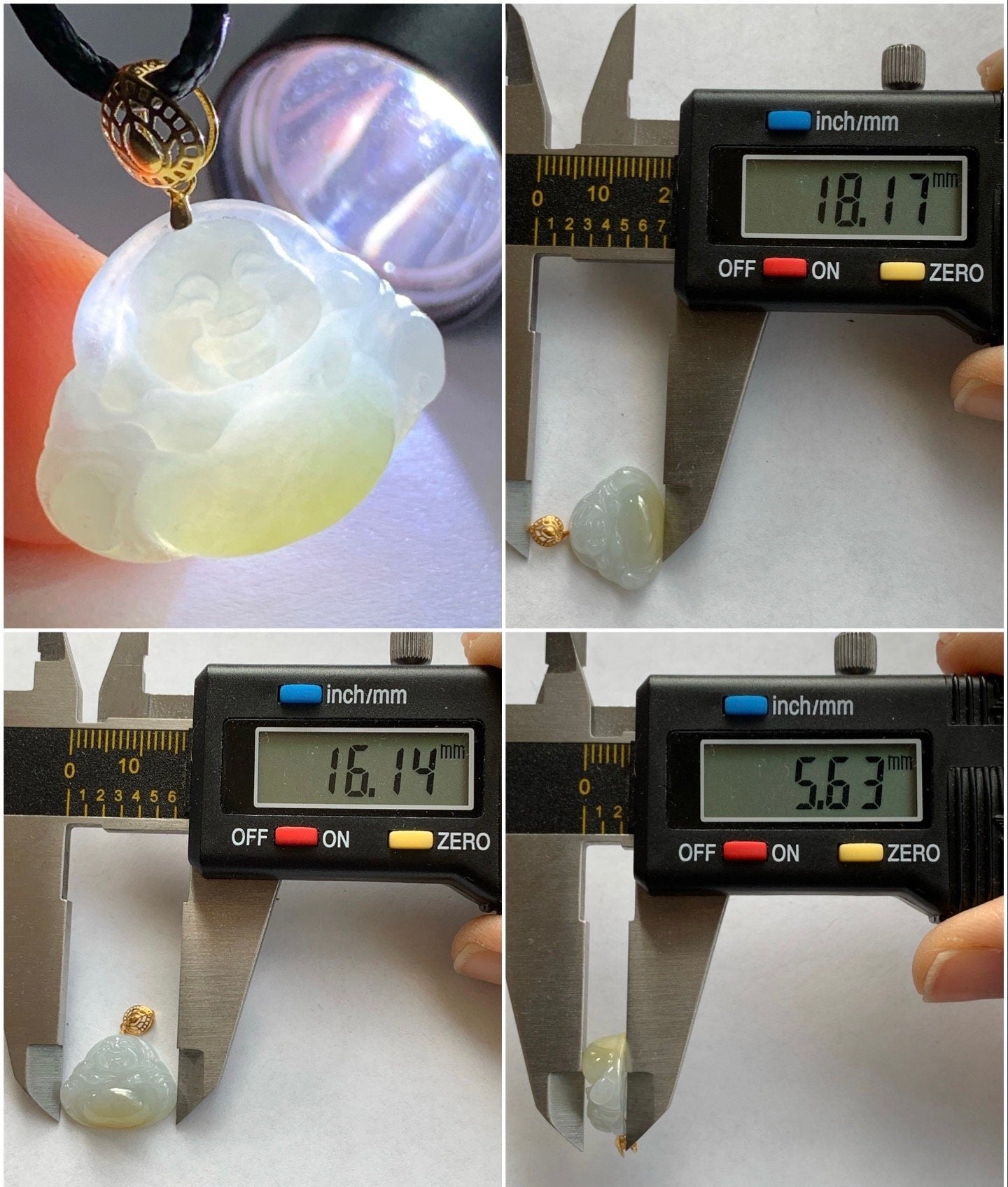 Petite Natural Burmese Icy Translucent Gelatinous Jadeite with yellow marbling Buddha Pendant 18K Yellow Bail w/ 17” Cord 天然缅甸冰飘黄翡翠佛公镶嵌吊坠