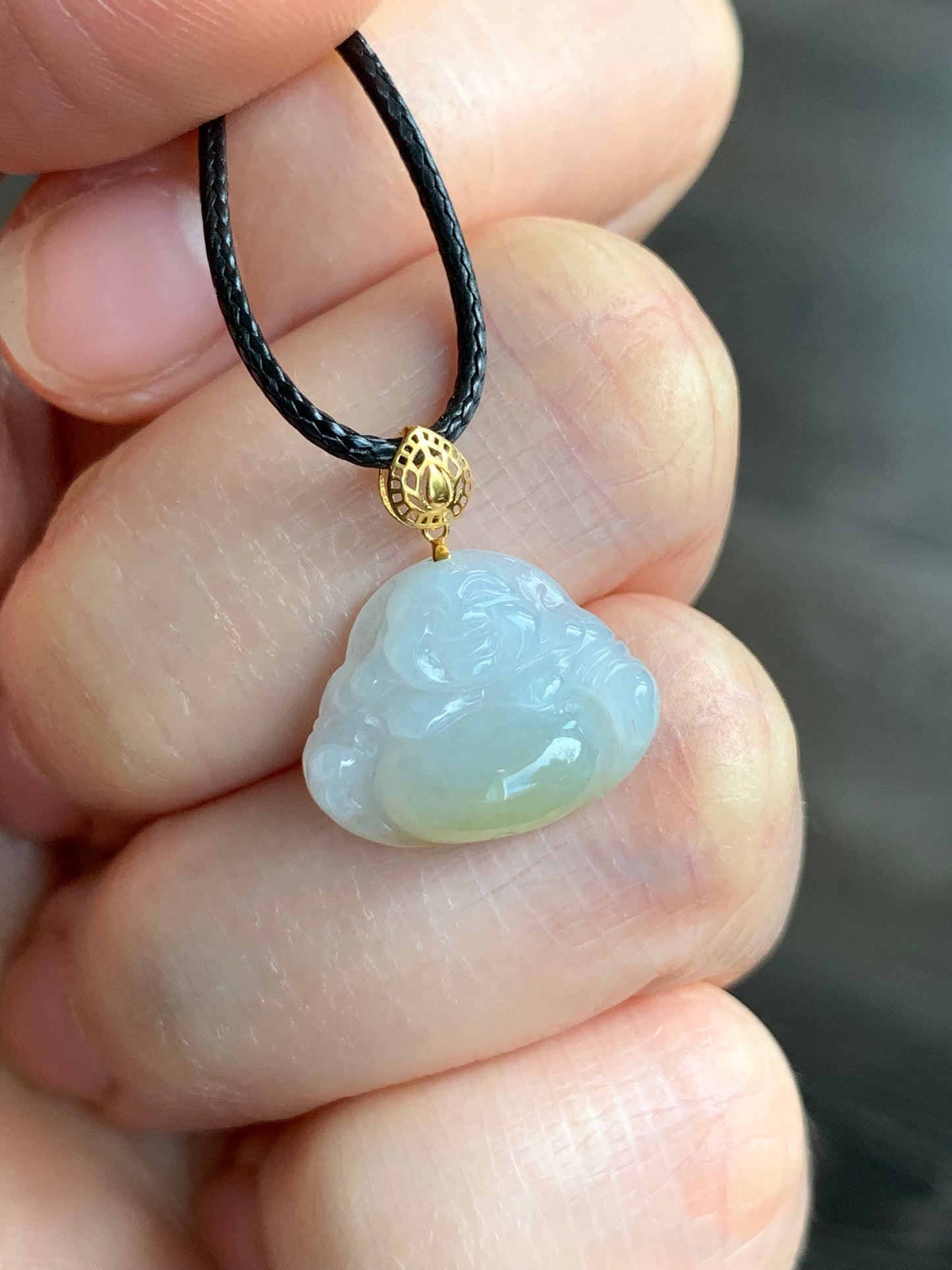 Petite Natural Burmese Icy Translucent Gelatinous Jadeite with yellow marbling Buddha Pendant 18K Yellow Bail w/ 17” Cord 天然缅甸冰飘黄翡翠佛公镶嵌吊坠