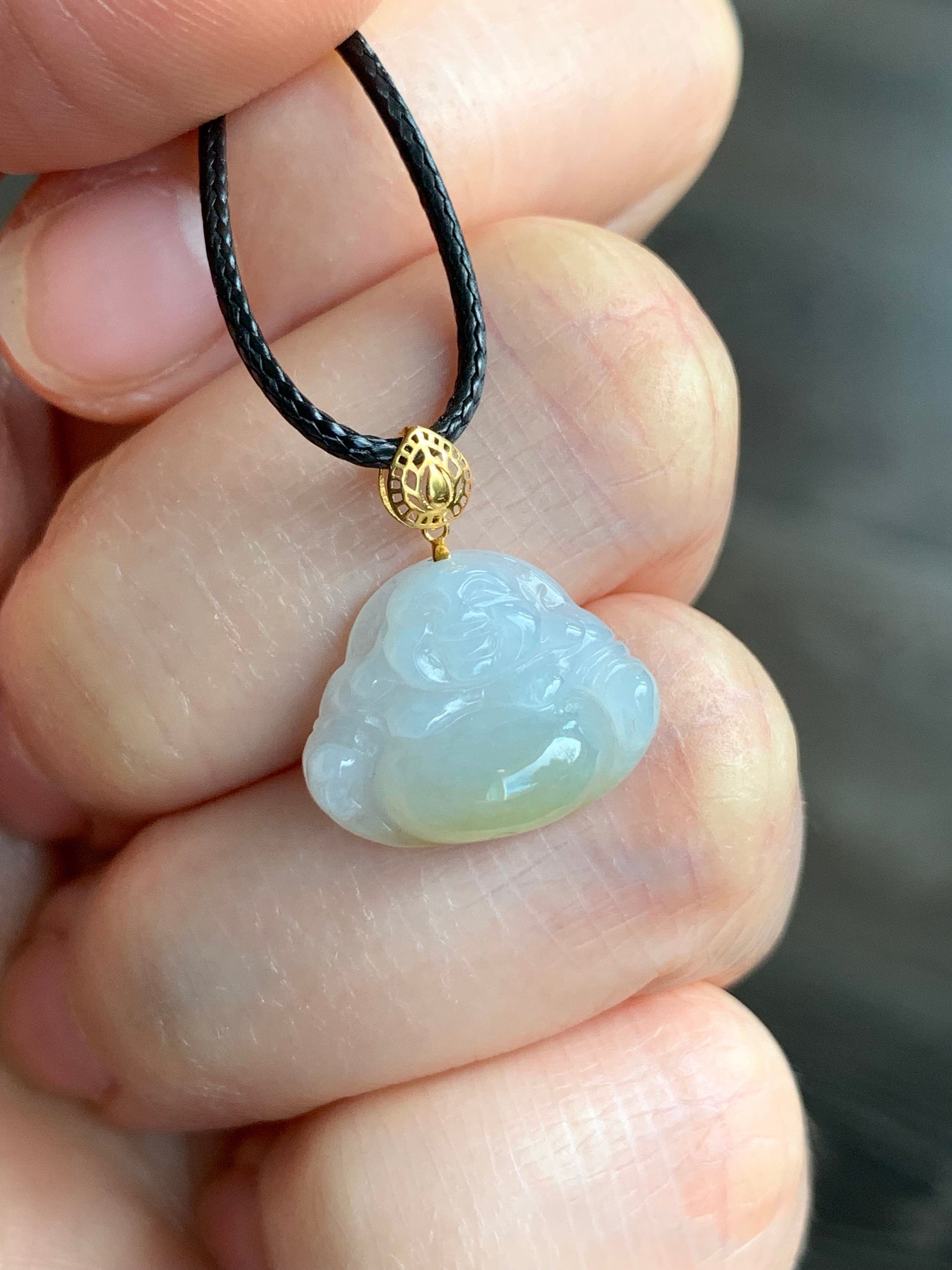 Petite Natural Burmese Icy Translucent Gelatinous Jadeite with yellow marbling Buddha Pendant 18K Yellow Bail w/ 17” Cord 天然缅甸冰飘黄翡翠佛公镶嵌吊坠