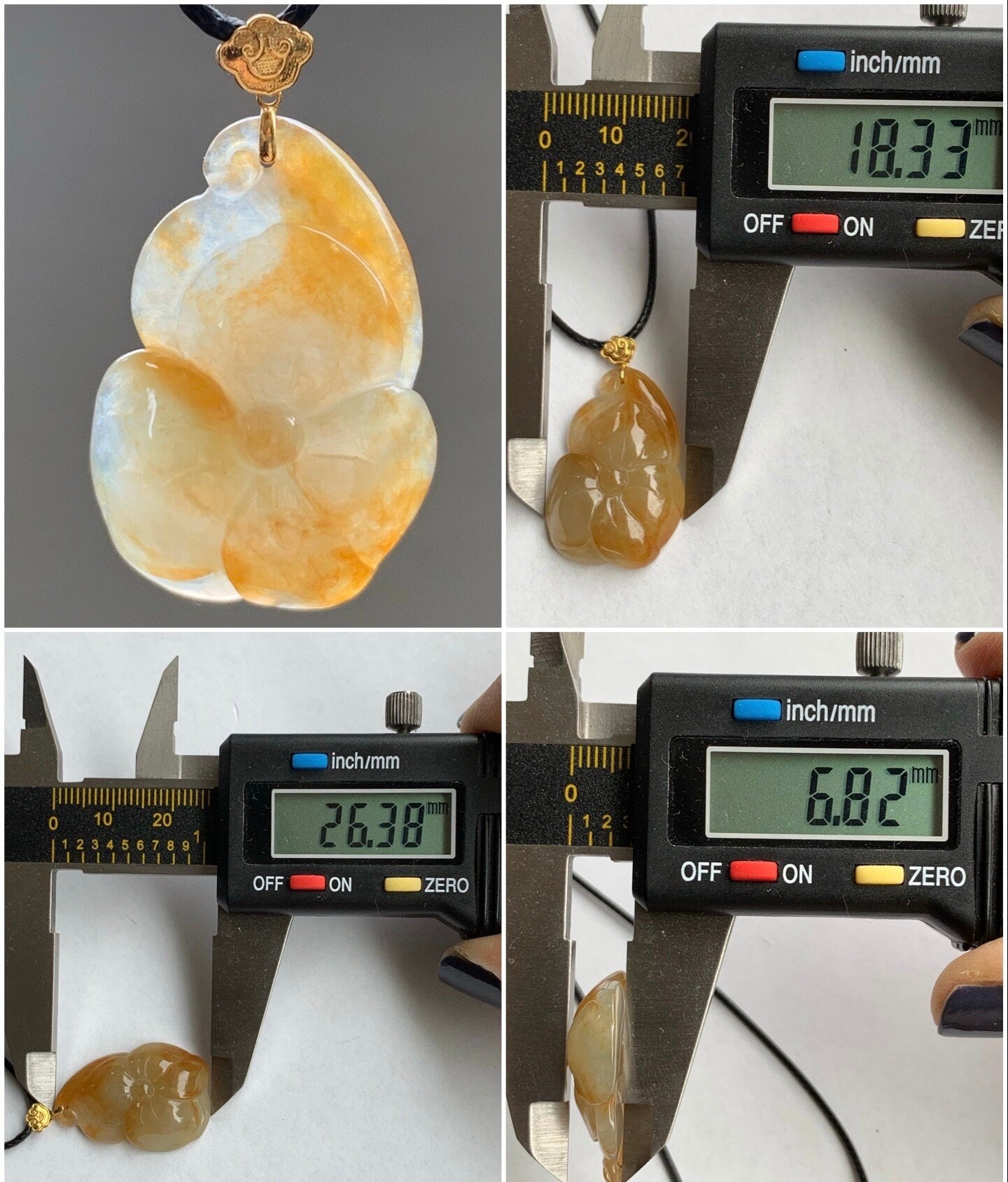 Natural Burmese A Graded Icy Translucent Rich Yellow Marbled Jadeite Carved Lily Pad Pendant 18K Yellow Gold Bail 天然缅甸冰黄翡荷叶镶嵌吊坠