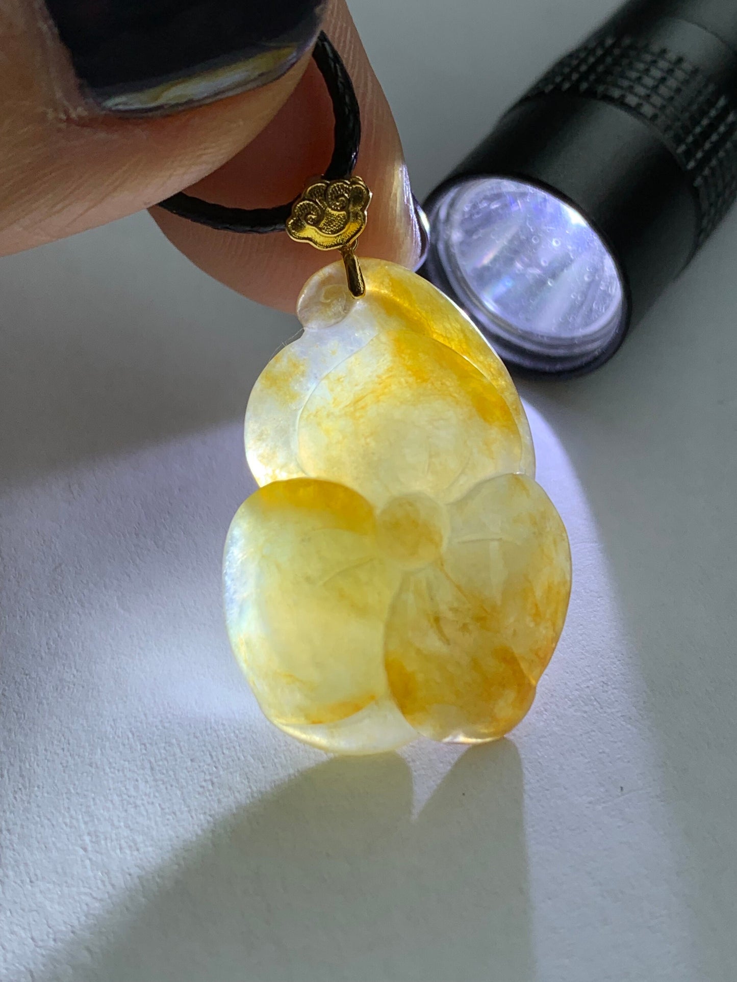 Natural Burmese A Graded Icy Translucent Rich Yellow Marbled Jadeite Carved Lily Pad Pendant 18K Yellow Gold Bail 天然缅甸冰黄翡荷叶镶嵌吊坠