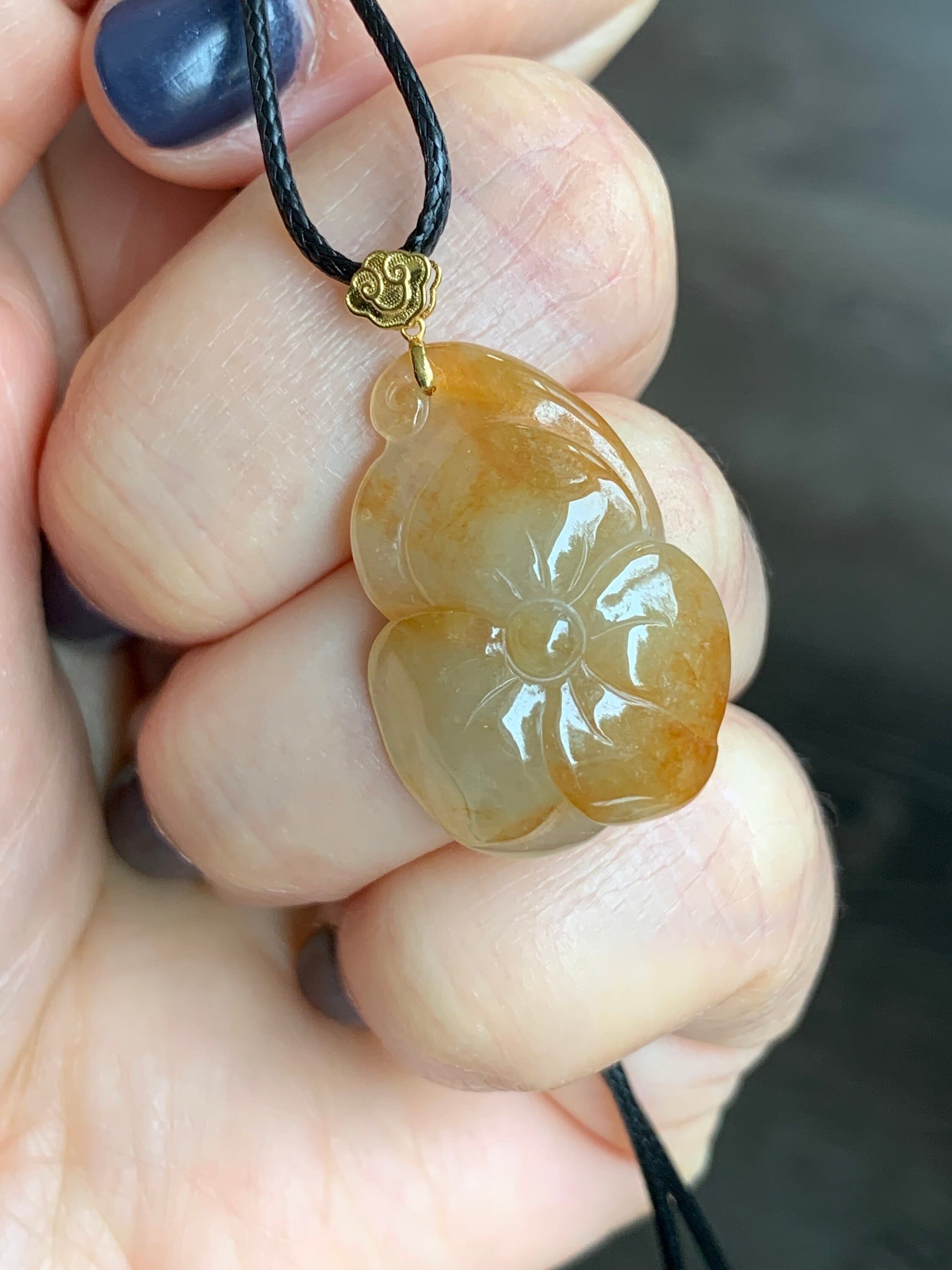 Natural Burmese A Graded Icy Translucent Rich Yellow Marbled Jadeite Carved Lily Pad Pendant 18K Yellow Gold Bail 天然缅甸冰黄翡荷叶镶嵌吊坠