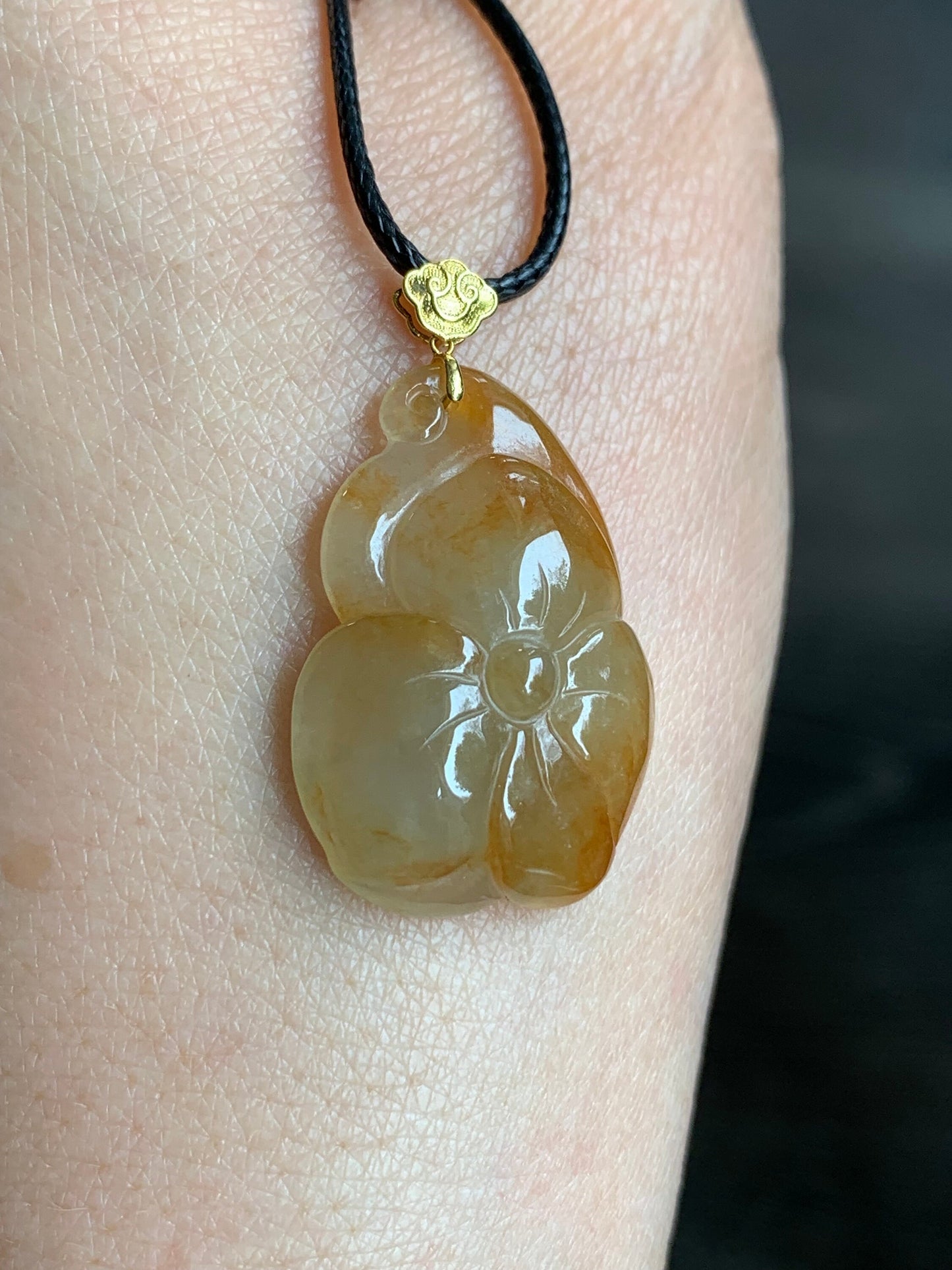 Natural Burmese A Graded Icy Translucent Rich Yellow Marbled Jadeite Carved Lily Pad Pendant 18K Yellow Gold Bail 天然缅甸冰黄翡荷叶镶嵌吊坠
