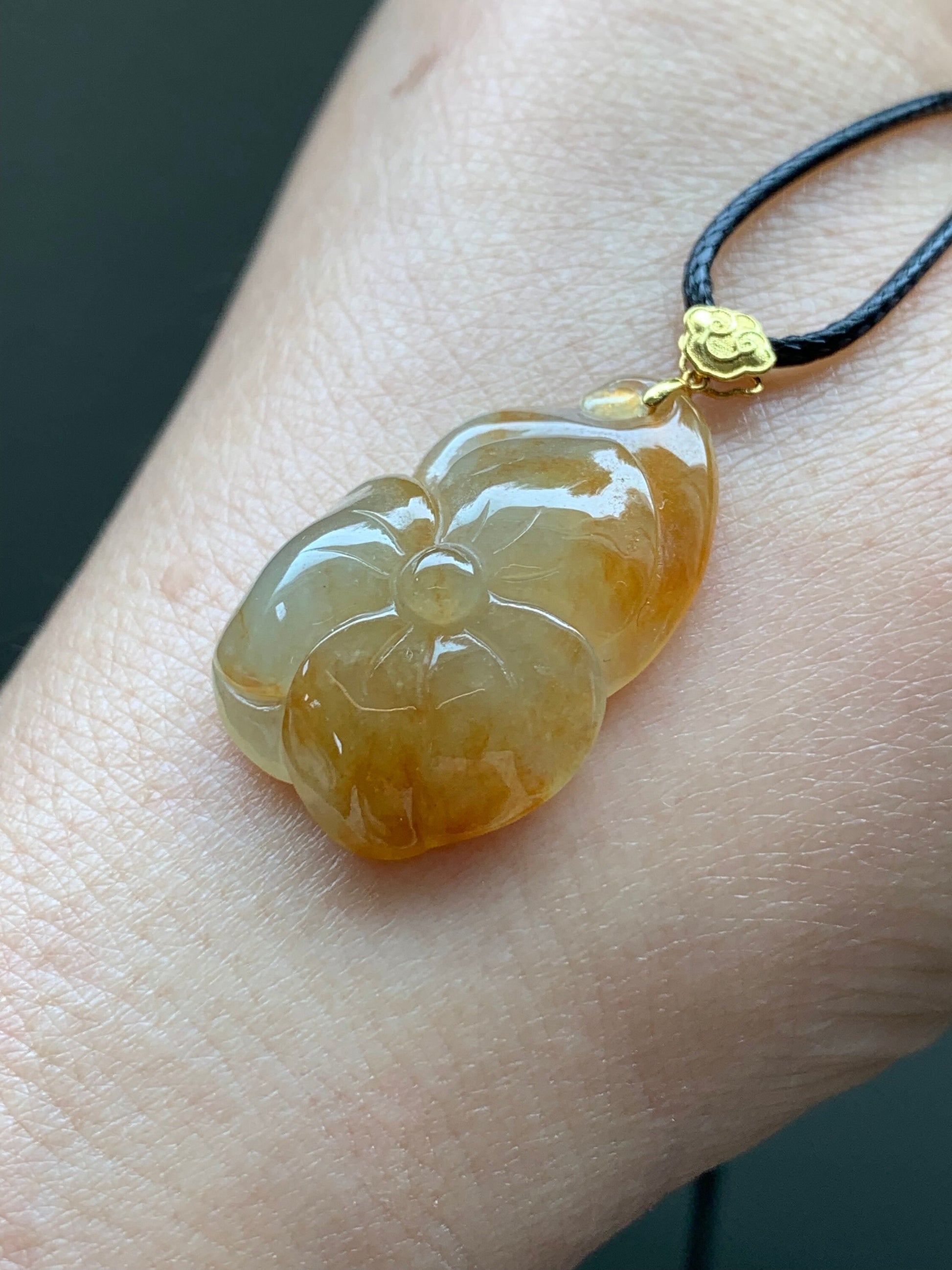 Natural Burmese A Graded Icy Translucent Rich Yellow Marbled Jadeite Carved Lily Pad Pendant 18K Yellow Gold Bail 天然缅甸冰黄翡荷叶镶嵌吊坠