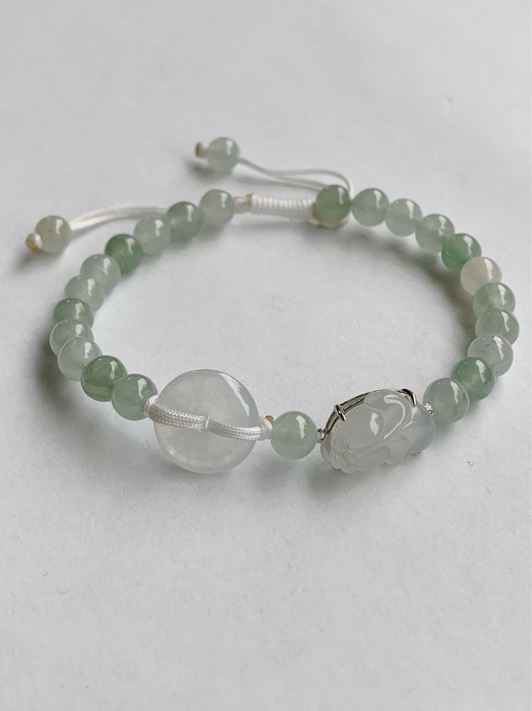 Natural Burmese Icy Translucent White jadeite Goldfish & Donut Ping An Kou Beaded Bracelet 6.75” S925 Silver 天然缅甸白冰翡翠金鱼平安扣冰晴圆珠手串