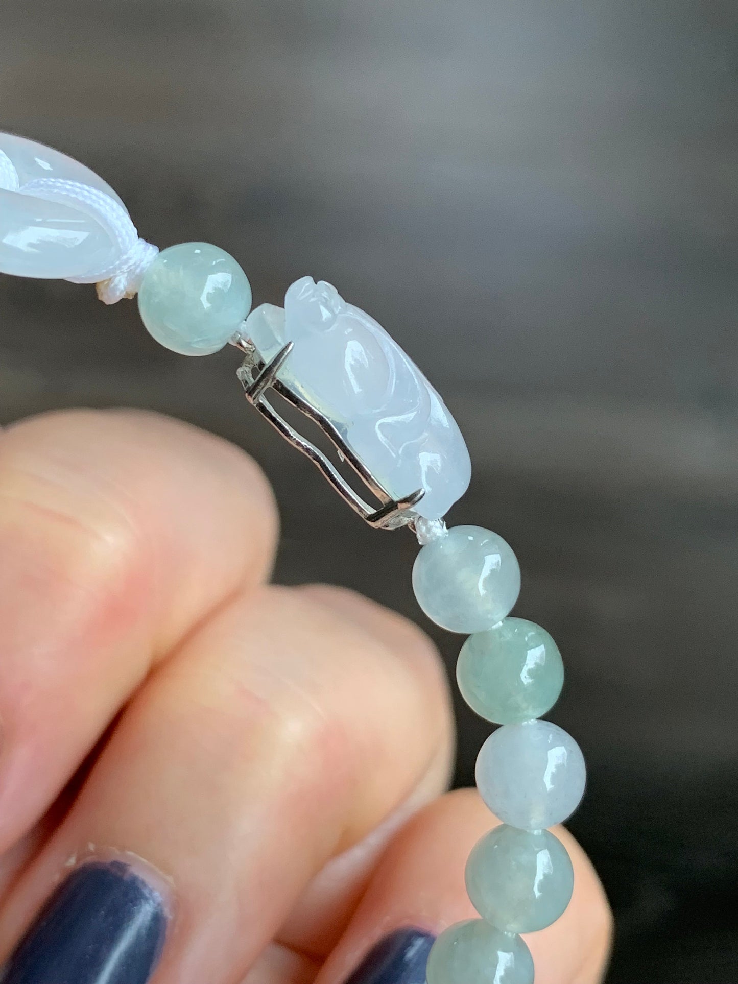 Natural Burmese Icy Translucent White jadeite Goldfish & Donut Ping An Kou Beaded Bracelet 6.75” S925 Silver 天然缅甸白冰翡翠金鱼平安扣冰晴圆珠手串