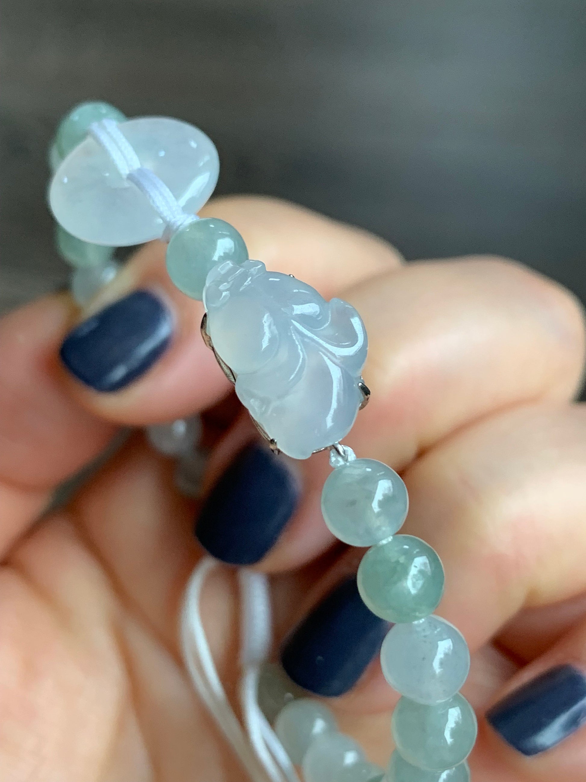 Natural Burmese Icy Translucent White jadeite Goldfish & Donut Ping An Kou Beaded Bracelet 6.75” S925 Silver 天然缅甸白冰翡翠金鱼平安扣冰晴圆珠手串