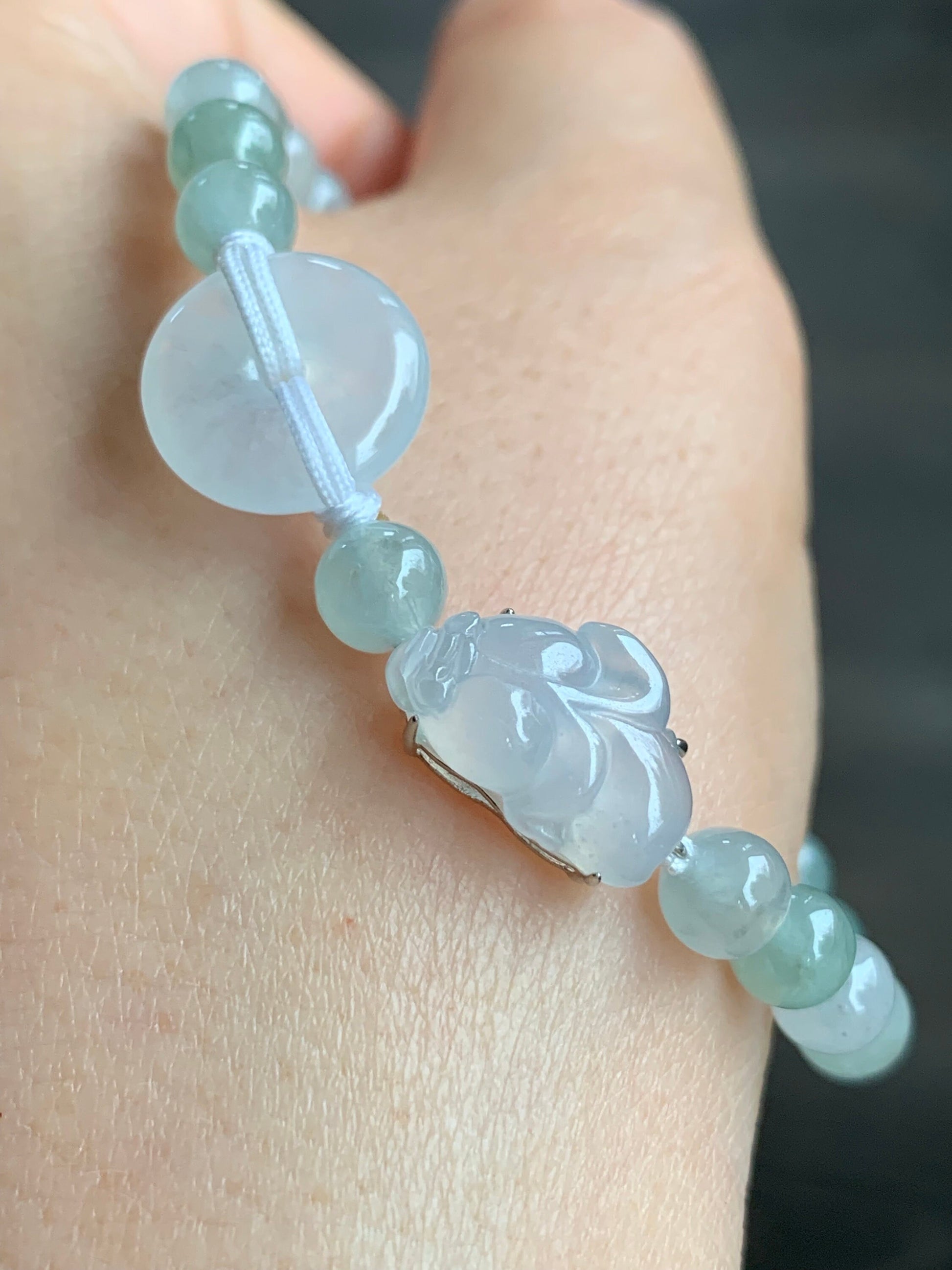 Natural Burmese Icy Translucent White jadeite Goldfish & Donut Ping An Kou Beaded Bracelet 6.75” S925 Silver 天然缅甸白冰翡翠金鱼平安扣冰晴圆珠手串
